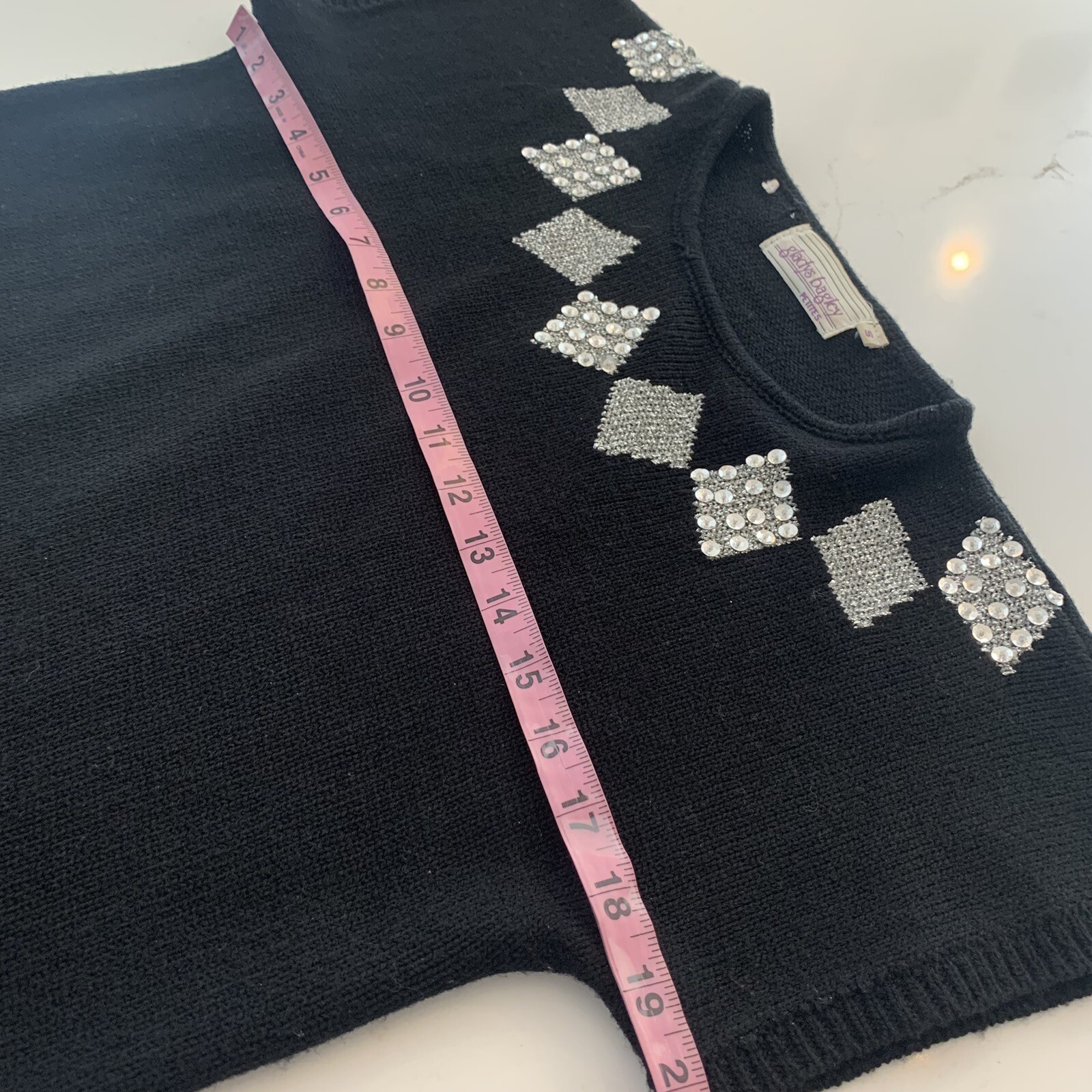 Vintage Gladys Bagley Black Sweater w Silver Triangular Sequined Neckline Size S