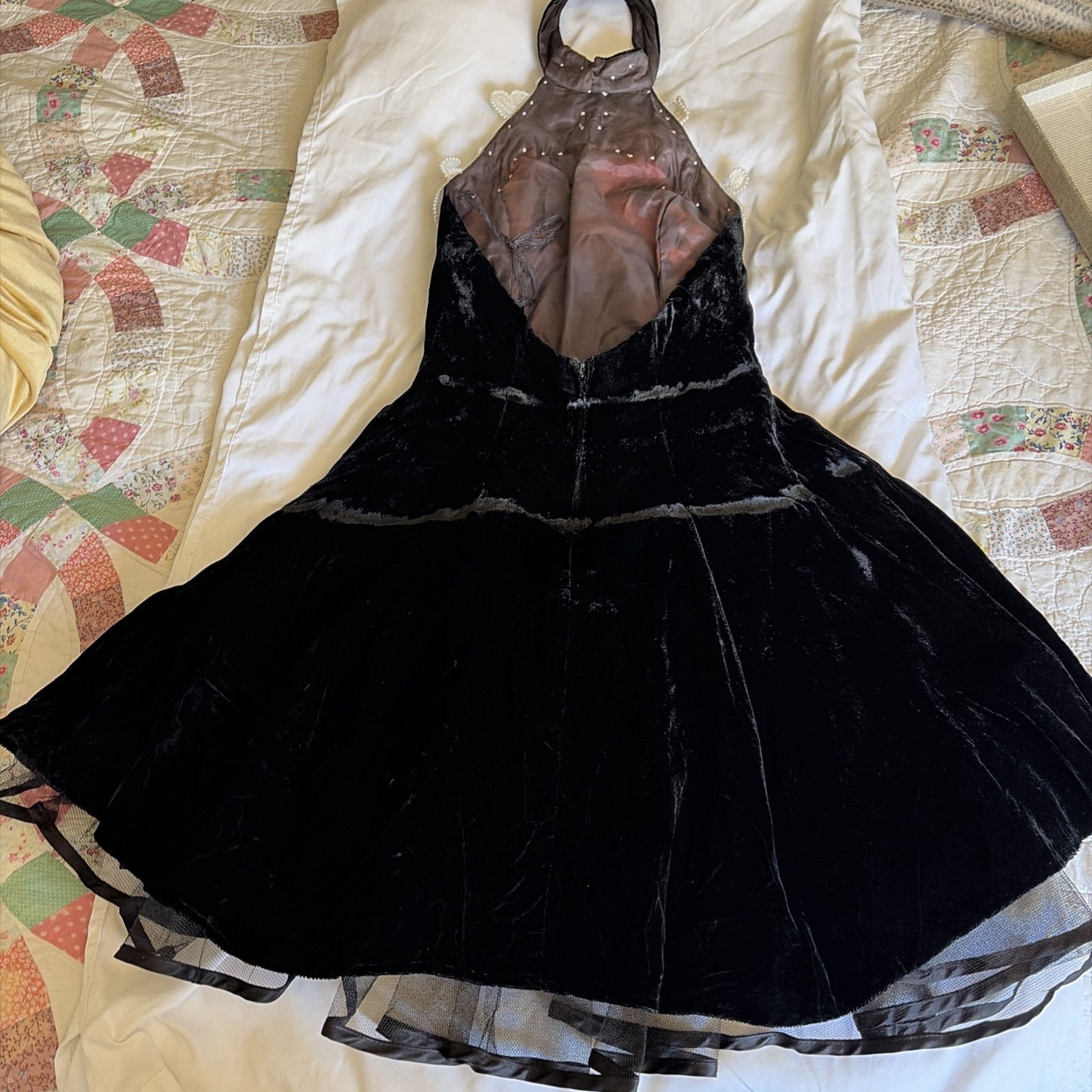 Vintage Black Velvet Sequin Crinoline 80s Backless Prom Cocktail Dress