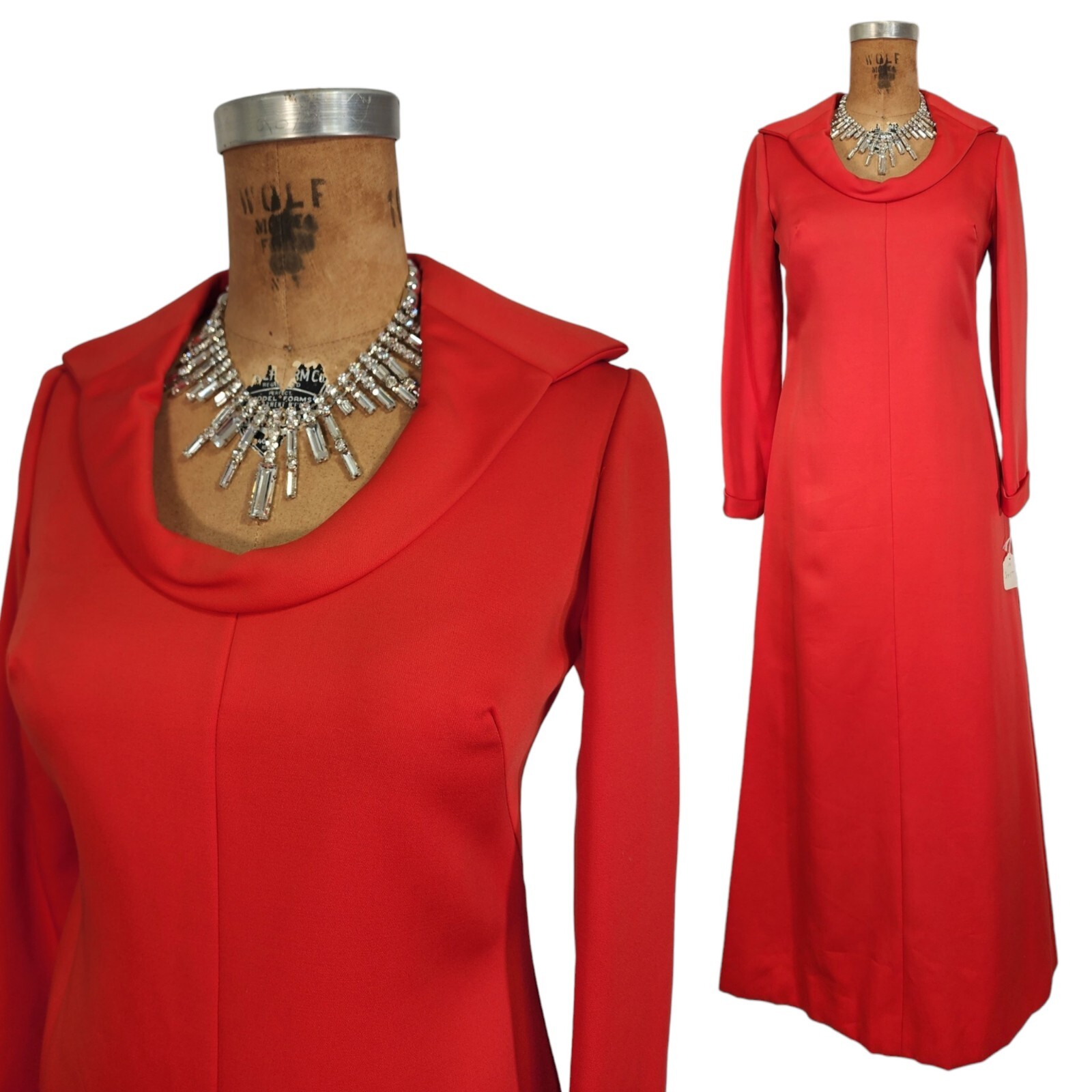 Vtg 70s Maxi Dress S/M Scoop Neck Open Statement Collar Red Modest Gown Tailored