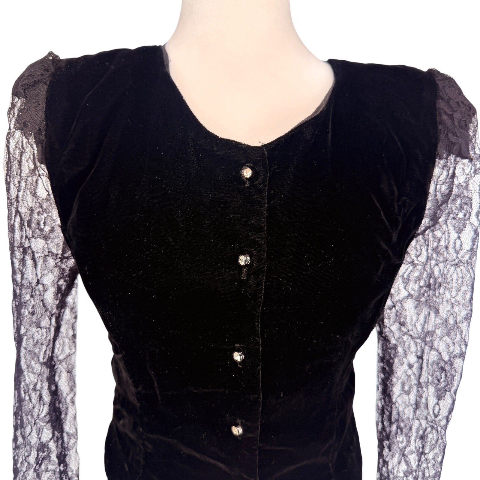 Vintage 80s Black Velvet Lace Long Sleeve Cropped Evening Top Jacket Goth Glam