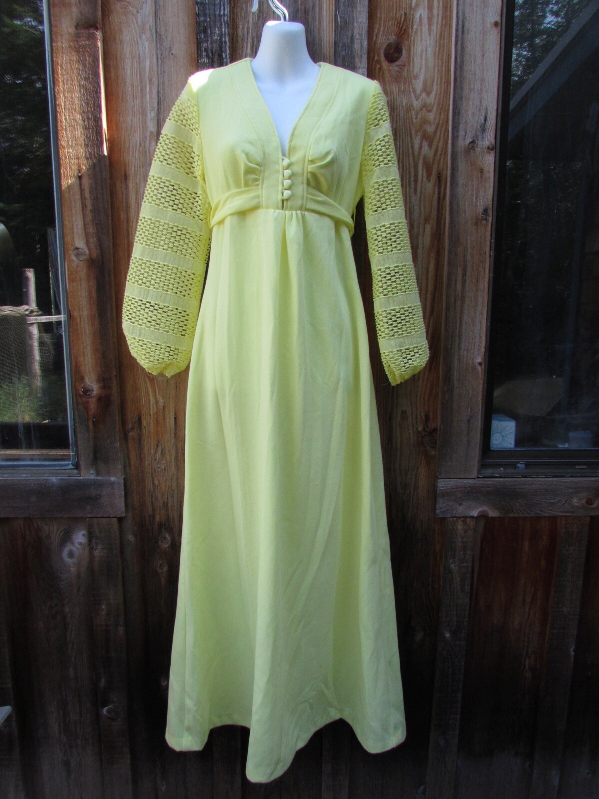 Vtg 60s Prom Wedding Bridesmaid Yellow Chiffon Maxi Womens Dress XS