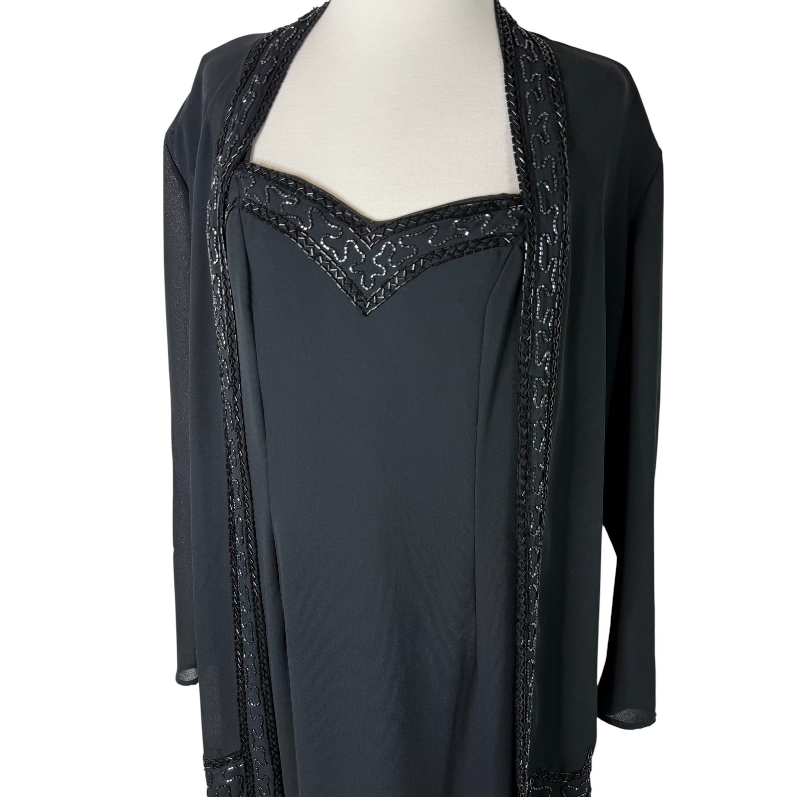 VTG 90s Samuel Scott Beaded Dress and Duster Set Black Made in USA Evening Glam