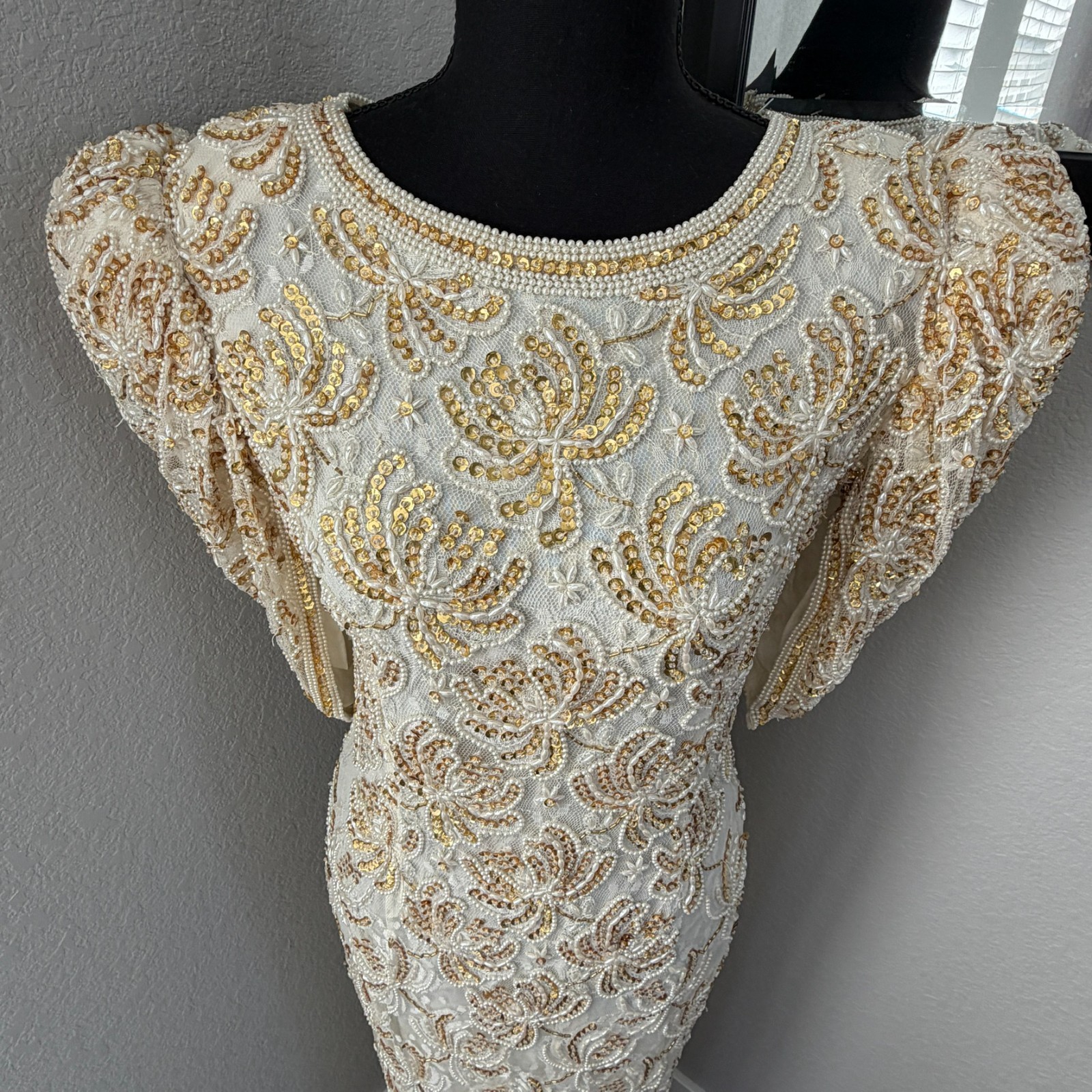 VINTAGE 80s Judith Ann Creations Ivory Gold Beaded Sequin Gown Dress Small