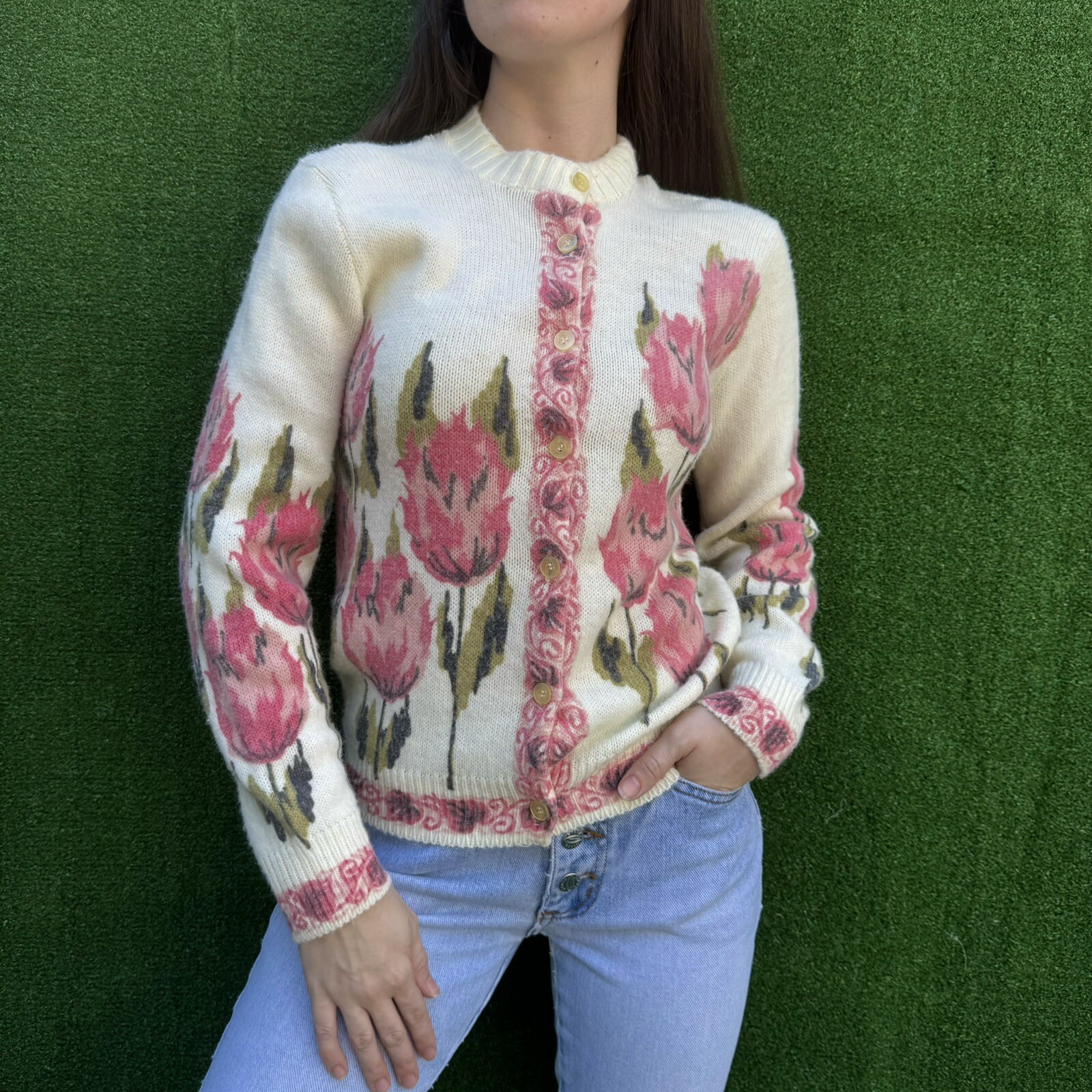 Vintage 60s Floral Cardigan Turbo Orlon Acrylic Donnkenny sz med Cottage Core