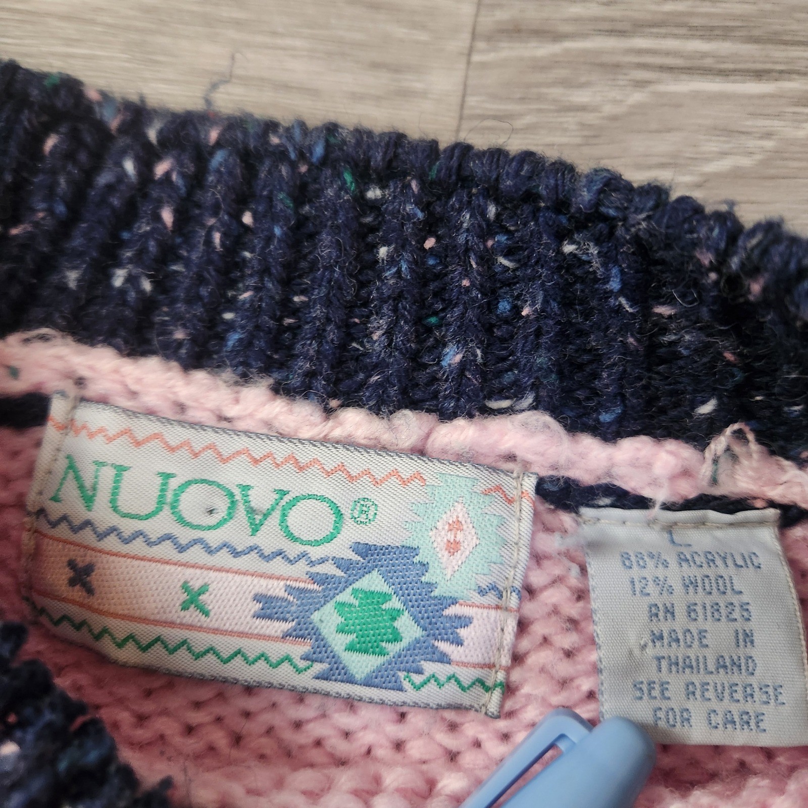 Vintage NUOVO Pink Navy Knit Sweater Size L Speckled Mock Neck Aztec Chunky Wool