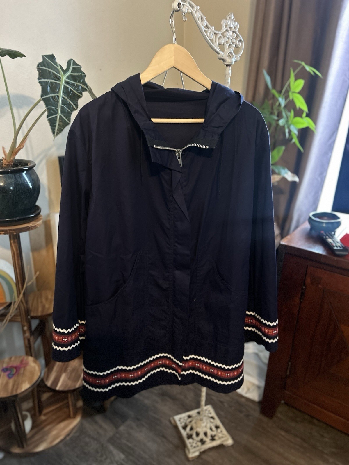 Vintage Hudson’s Bay Company Folk Trim Hooded Jacket Small Navy Canada Longline