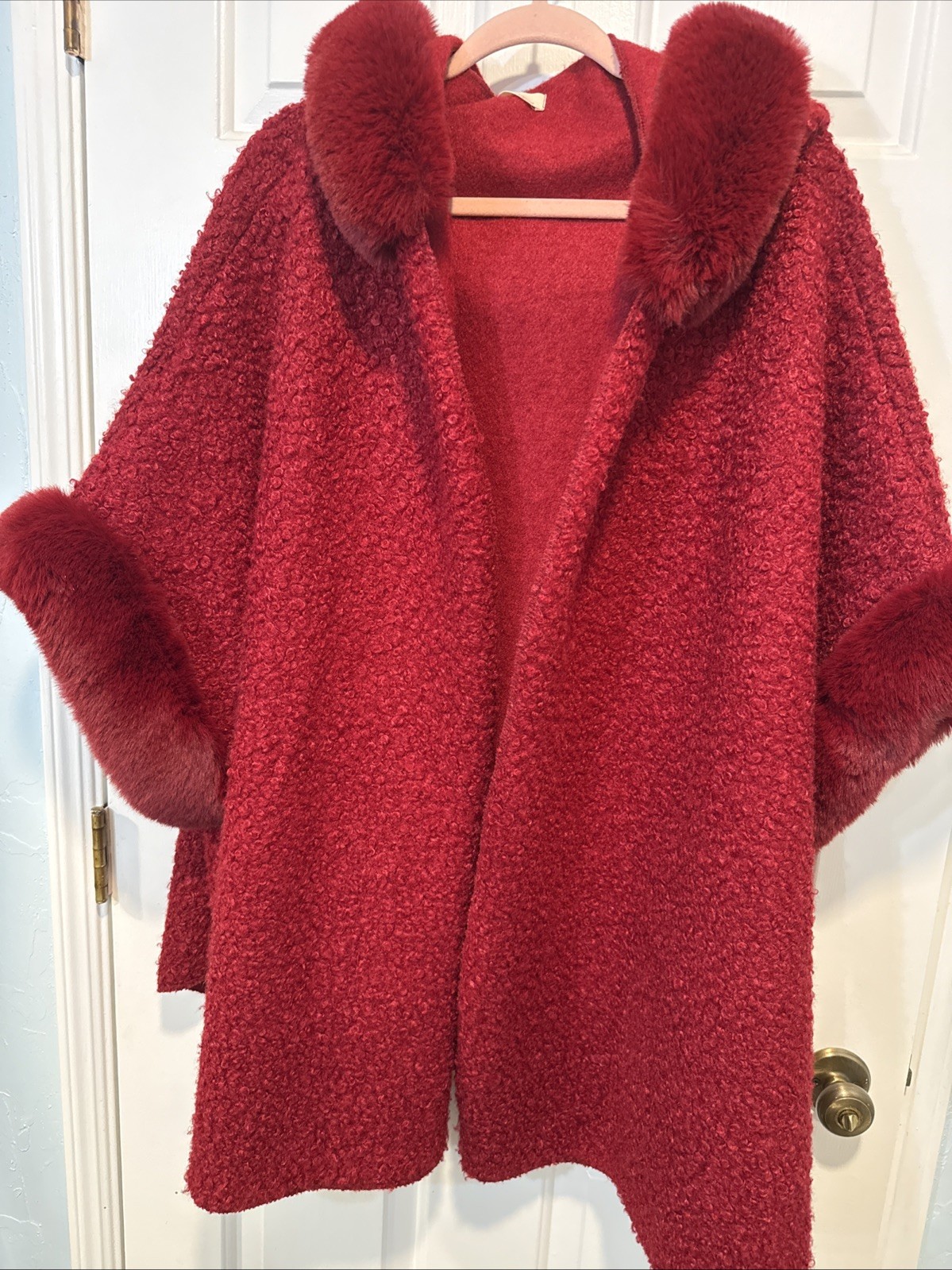 Cranberry Red Bouclé Cardigan Luxury Faux Fur Bouclé Cape Cotton Wool Blend OS