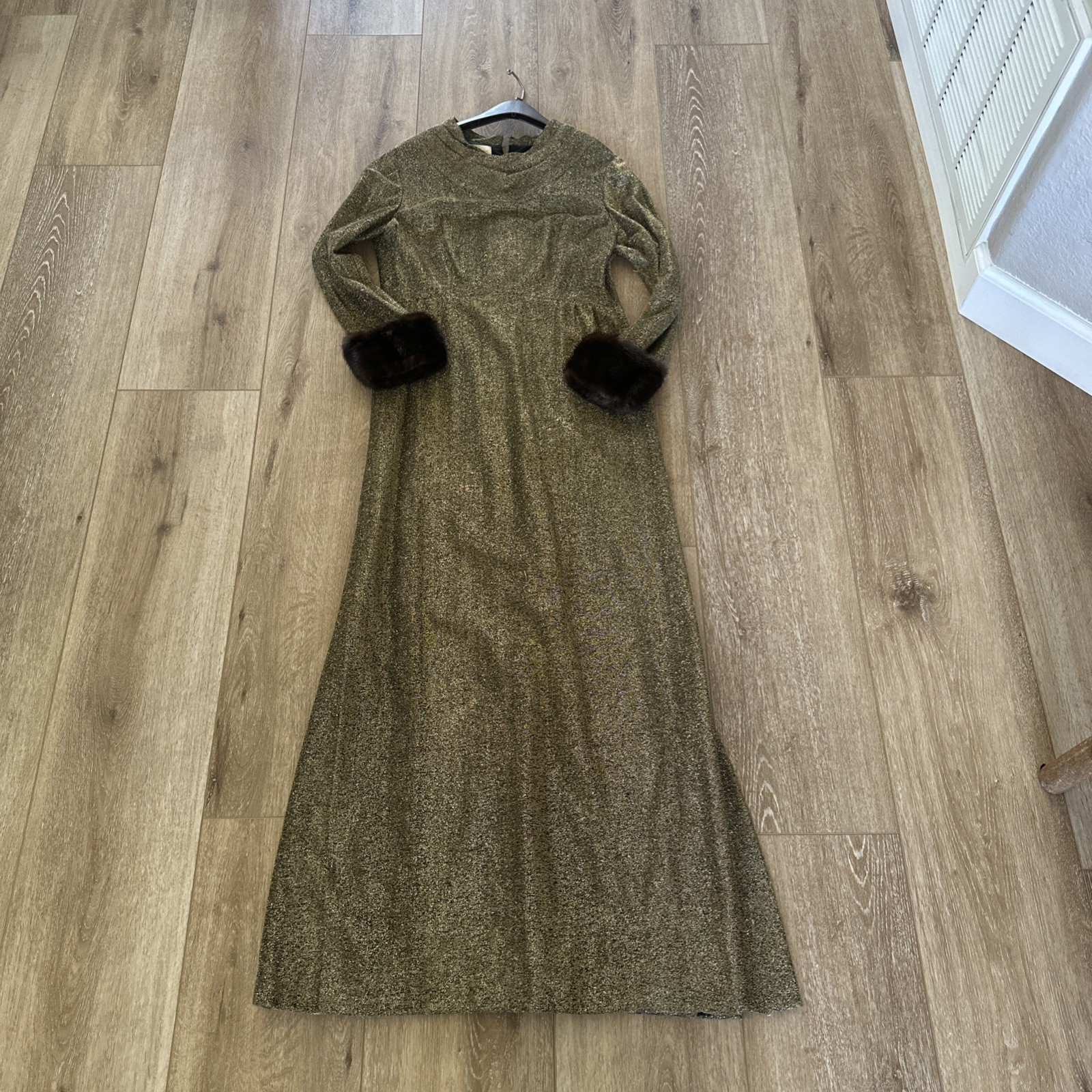 Vintage Saks Fifth Avenue Gold Evening Dress With Brown Mink Cuffs Cameo Brand