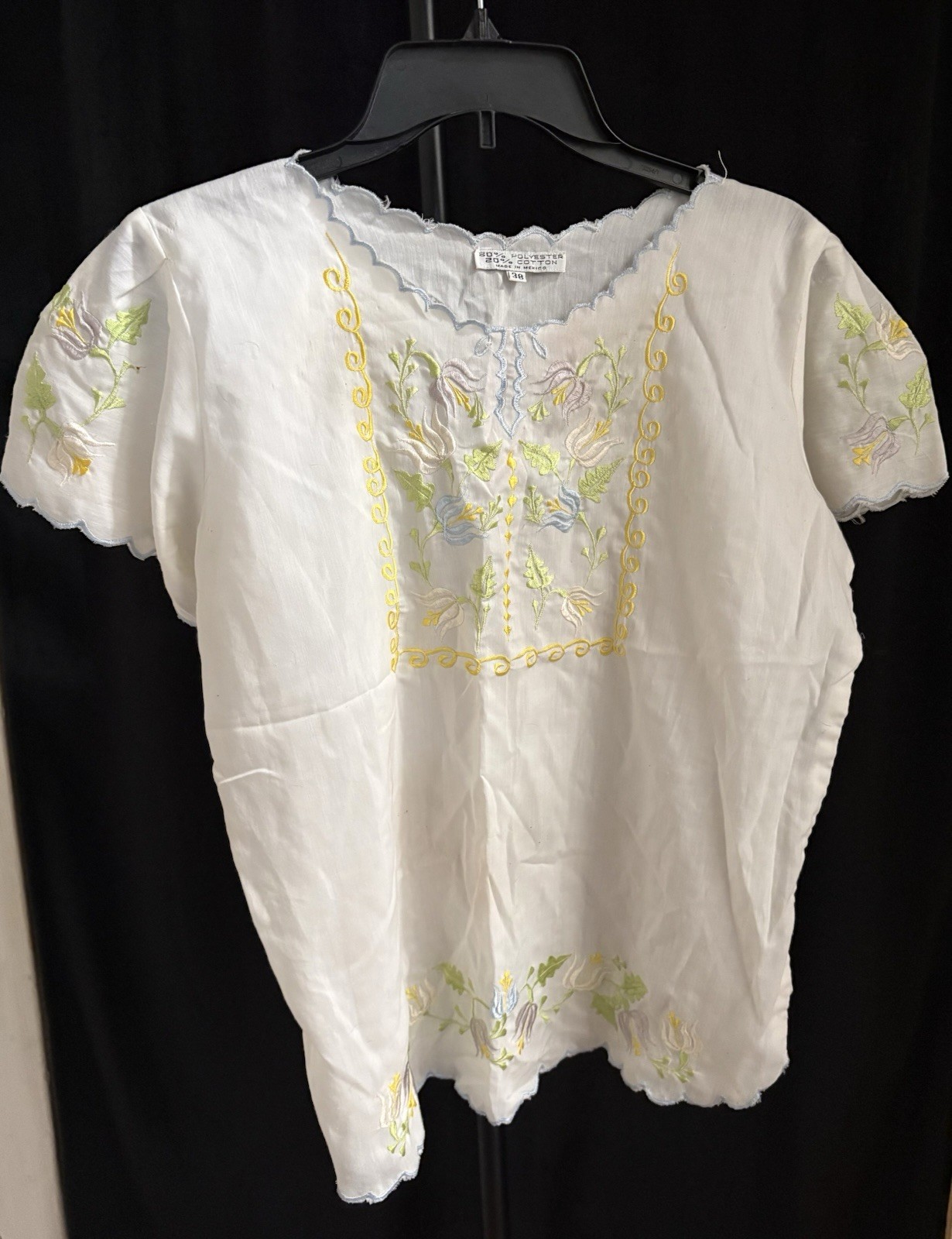 Mexican Embroidered Blouse Top, Short Sleeve, Size 38, Polyester/Cotton, White