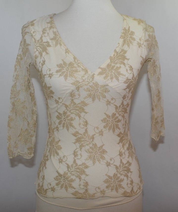 VTG 80s Wrapper Ivory Gold Lace Lined Fitted Sexy Top Women M USA Made