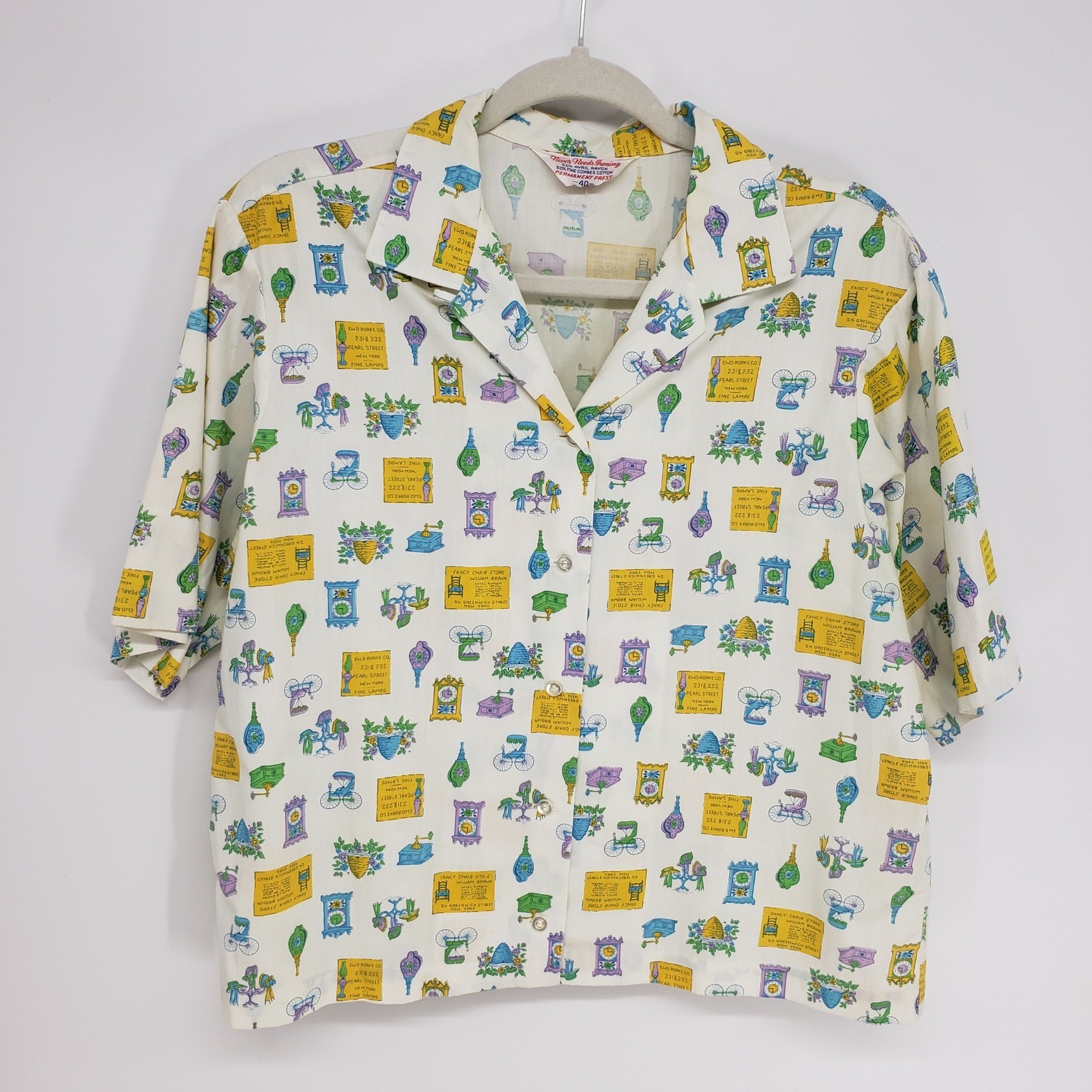 Vintage 70s Novelty Antique Print Button Up Shirt Women L 40 White Yellow Kitsch