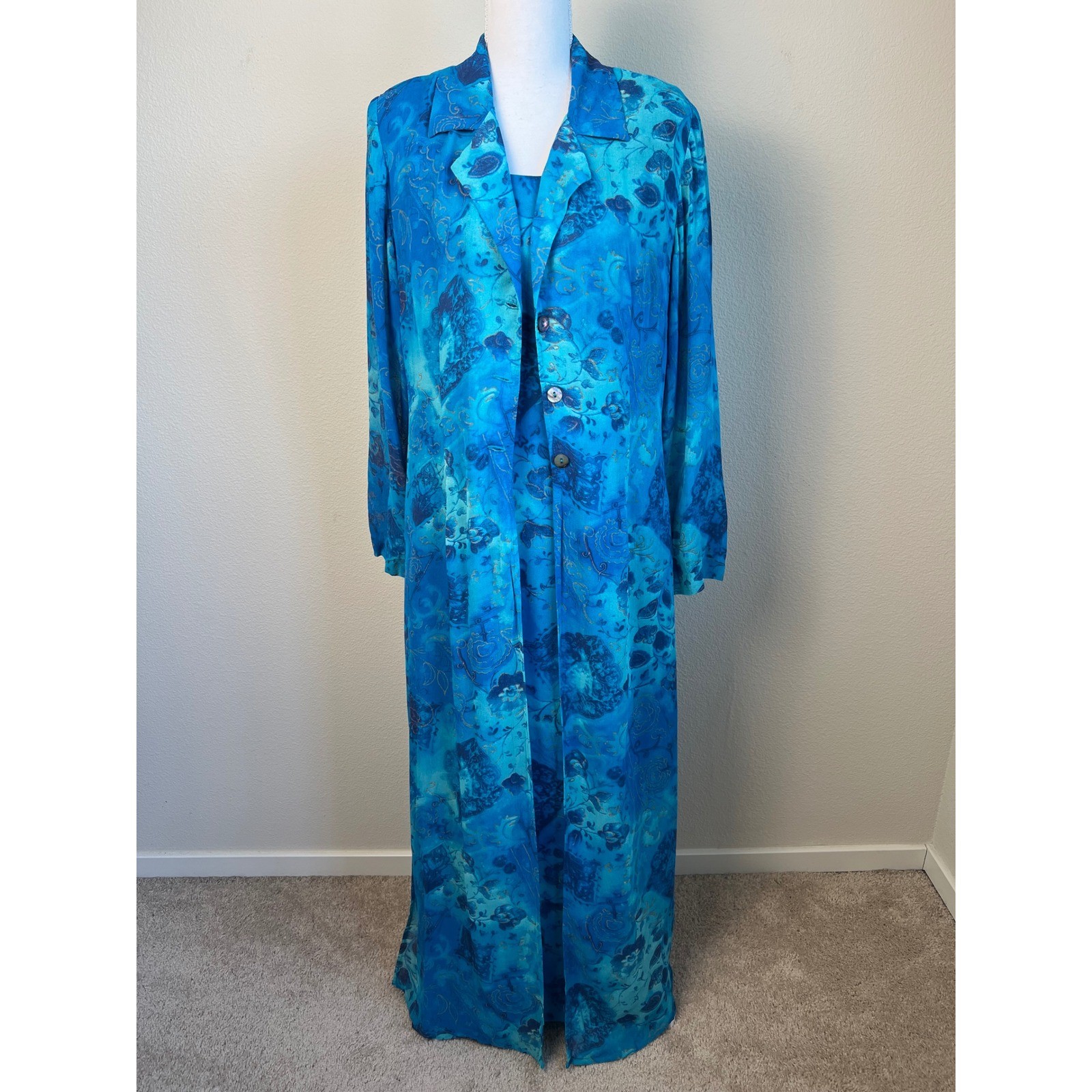 VTG Rabbit Rabbit Designs Blue Floral Rayon Maxi Dress Duster Set Size 12 Artsy