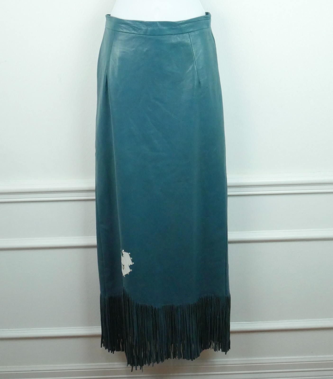 Vintage XS Leather Maxi Skirt Western Fringe Teal Boho Festival Southwestern