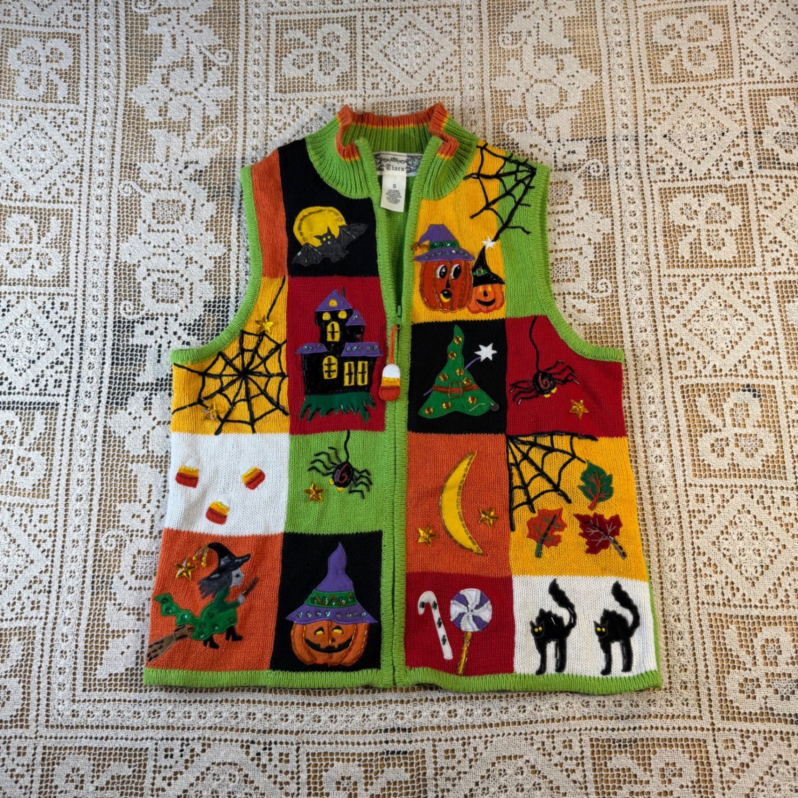 Tiara Halloween Sweater Vest Womens Small Patchwork Embroidered Zip Up Vintage