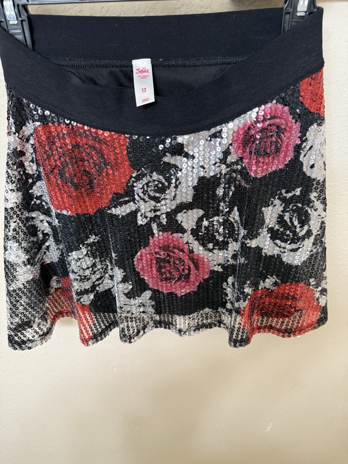 Vintage Justice Sequence Red Black & Silver Roses Mini Skirt, Y2K, Retro, Skater