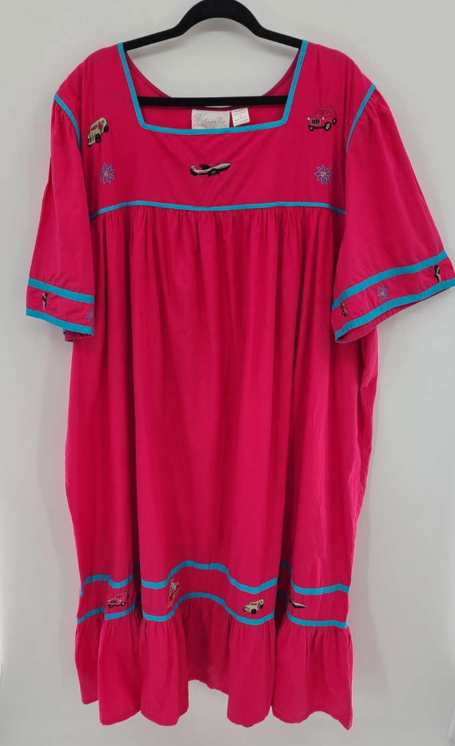 Victorian Era Vintage Embroidered Maxi Dress Size 1X Hot Pink Cars Airplane