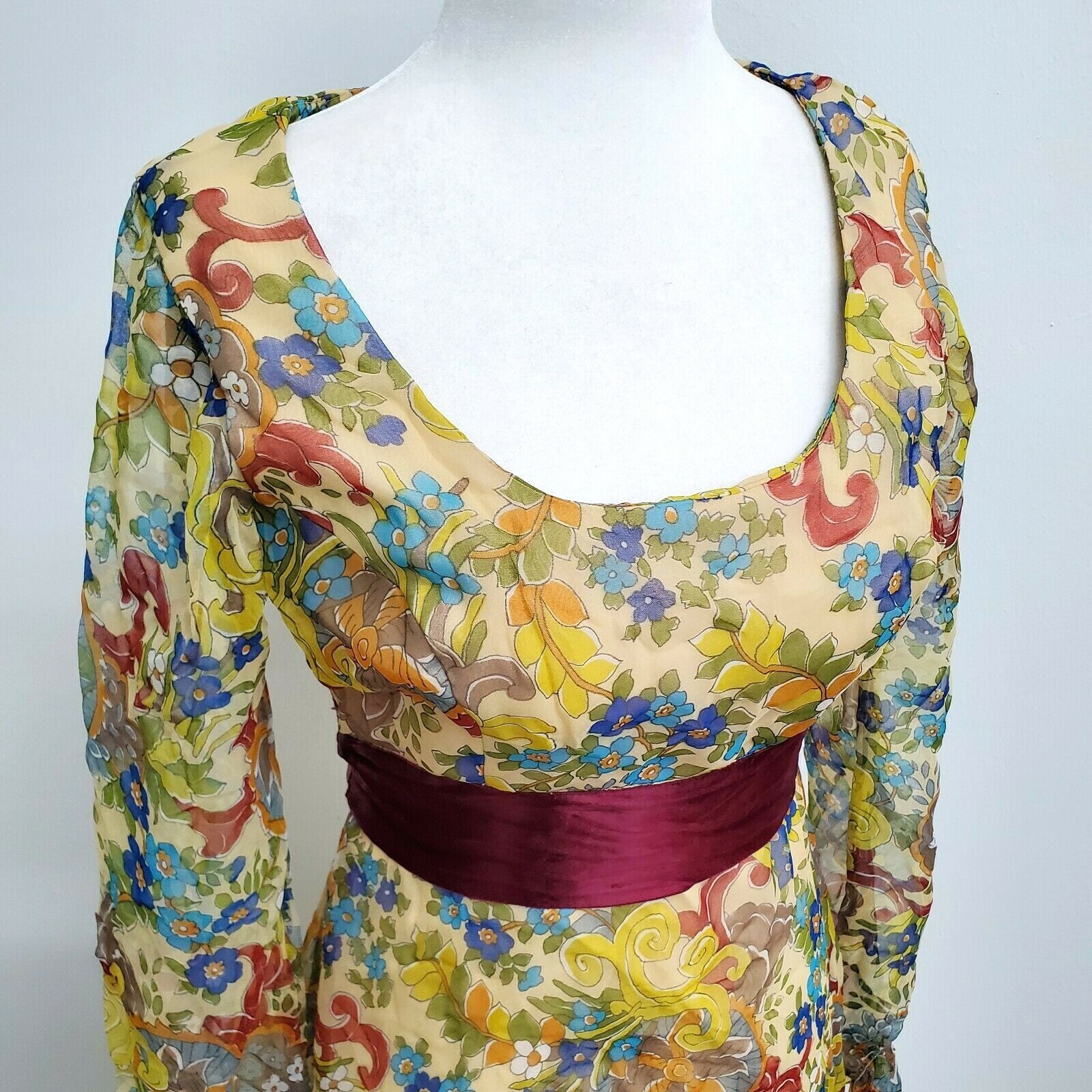 Vintage 70’s Maxi Dress Peasant Colorful Psychedelic Floral Hippie Sheer Chiffon