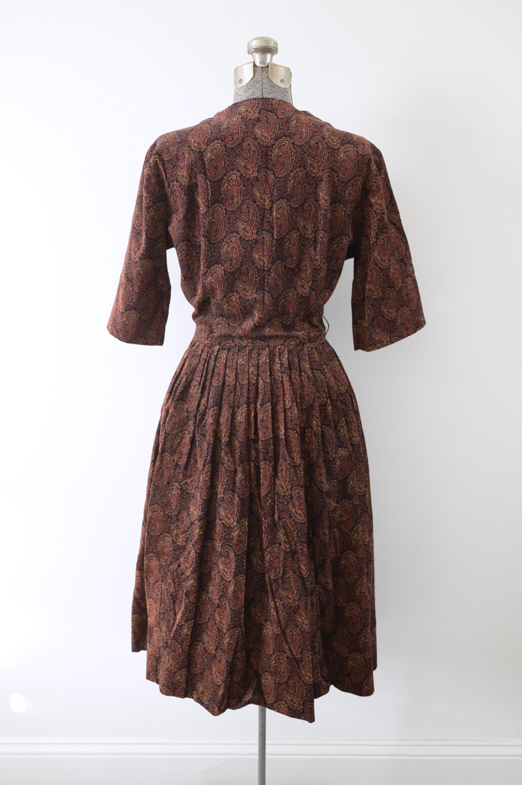1960s COS COB Black Brown Red Paisley Corduroy Fit and Flare Button Front Dress