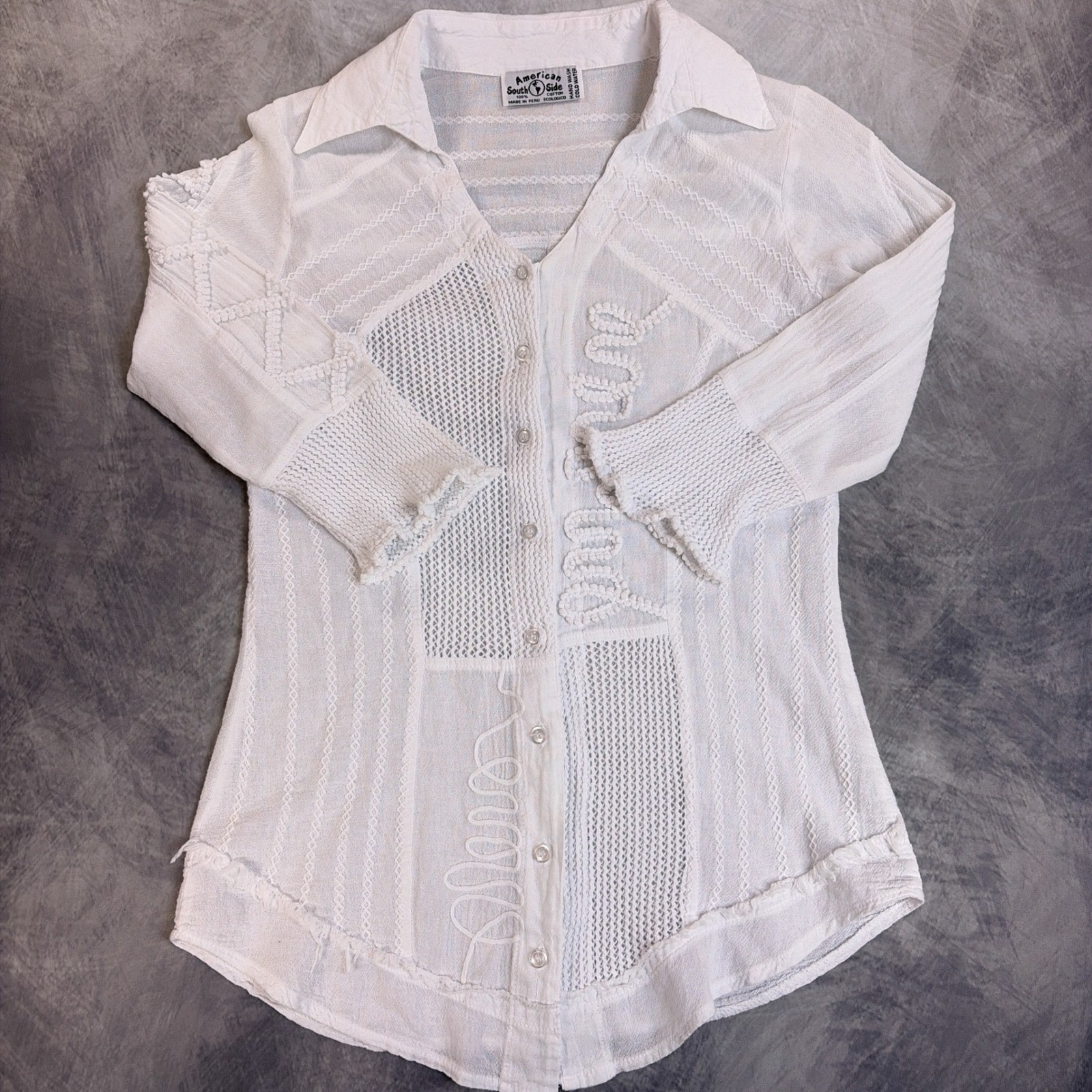Vintage American South Side Blouse Womens M White Good Crochet Patchwork Gauze