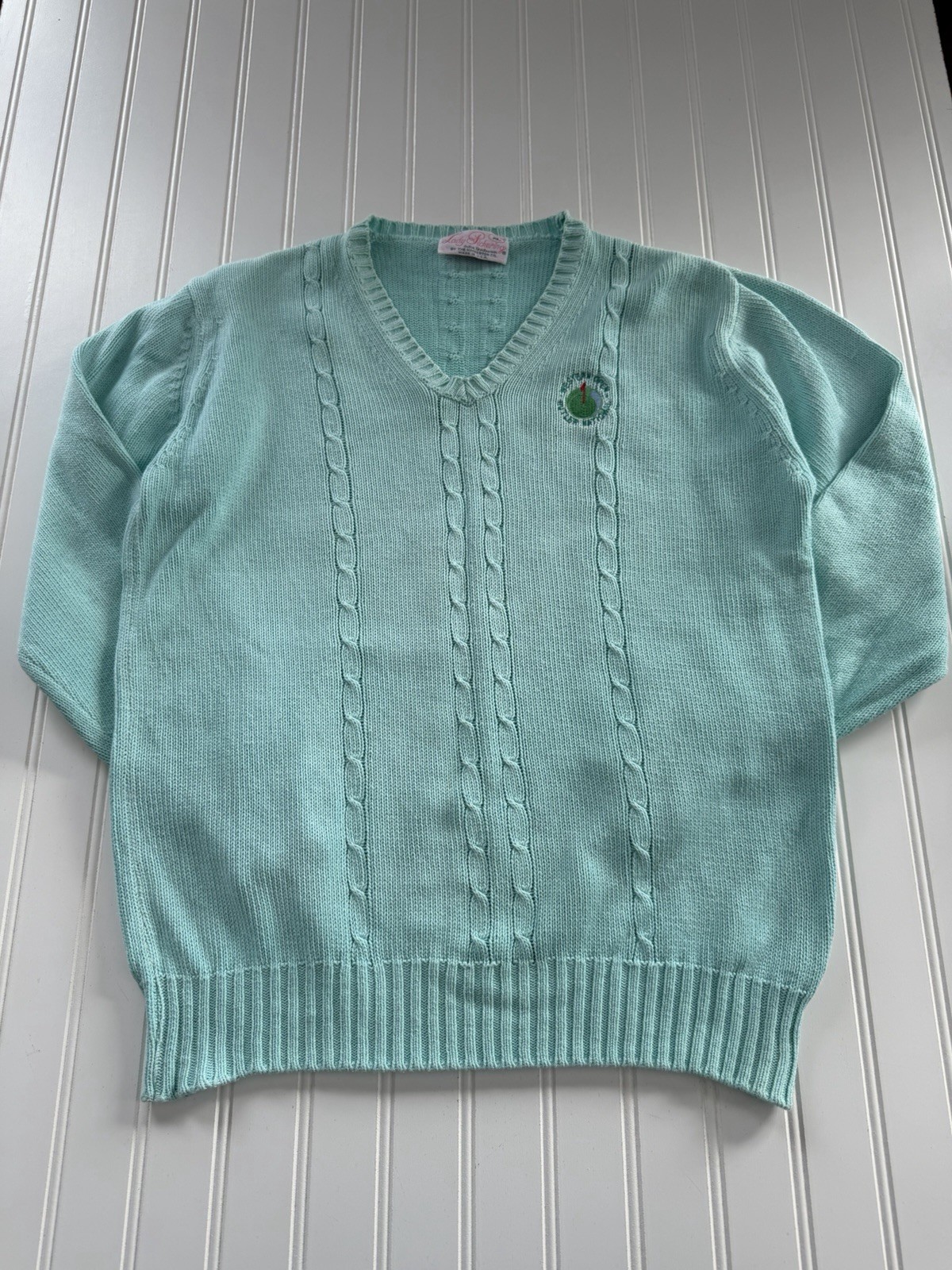 Vintage Golf Cable Knit V-Neck Sweater Aqua Blue Women XL Lady Pickering