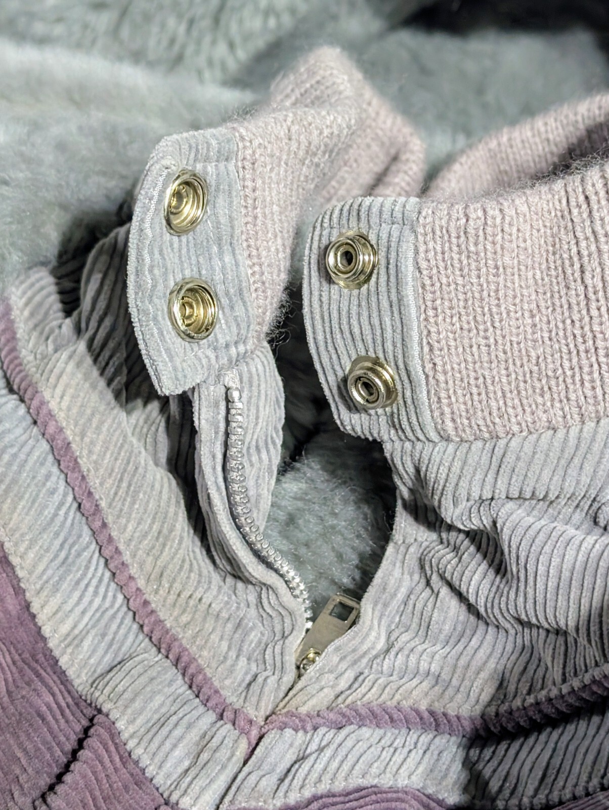Vintage Mod Maid Coat 60s 70s Women’s SMALL Gray Corduroy Purple Trim Hooded