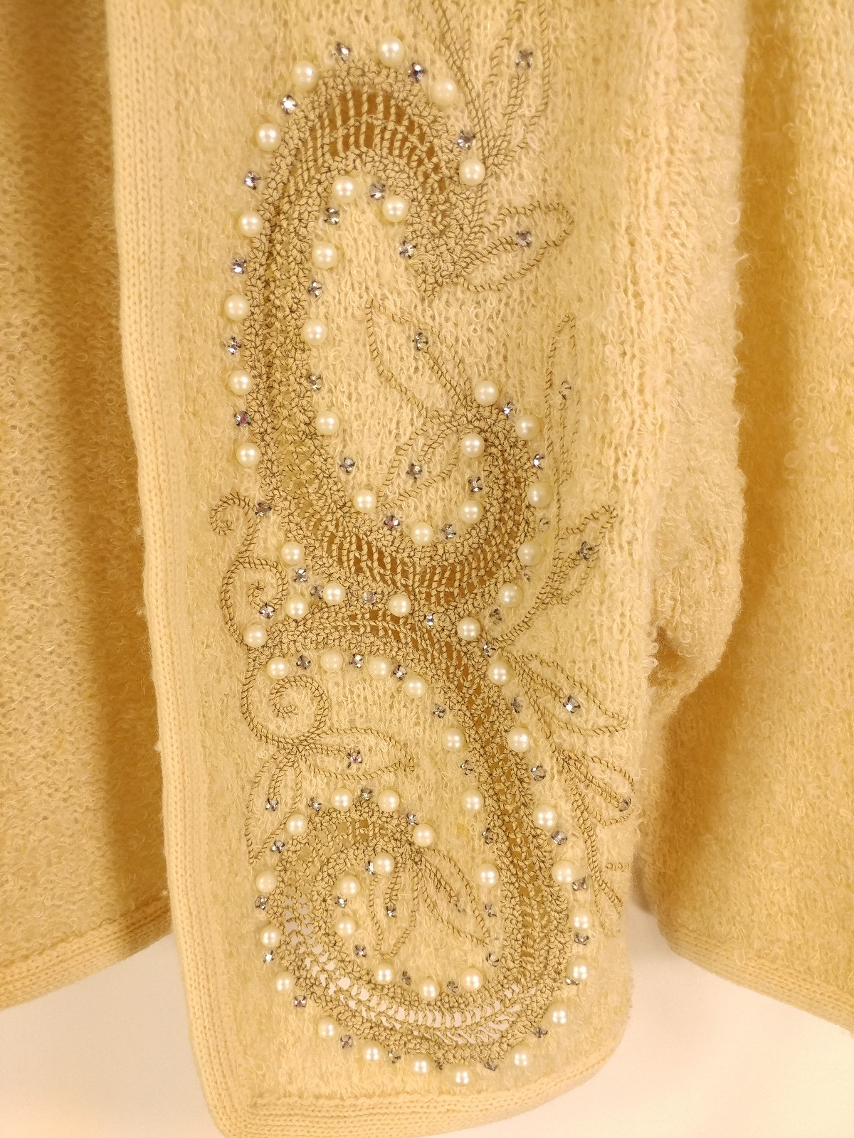 Vtg 50s Glam ETHEL of Beverly Hills Cream Pearl Cardigan Sweater Wool Up to 34″