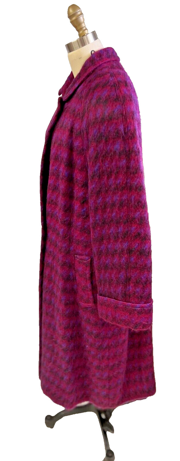 VTG 1980s Paul Levy Fuzzy Mohair Wool Plaid Swing Coat Purple NWOT L XL 14–16P