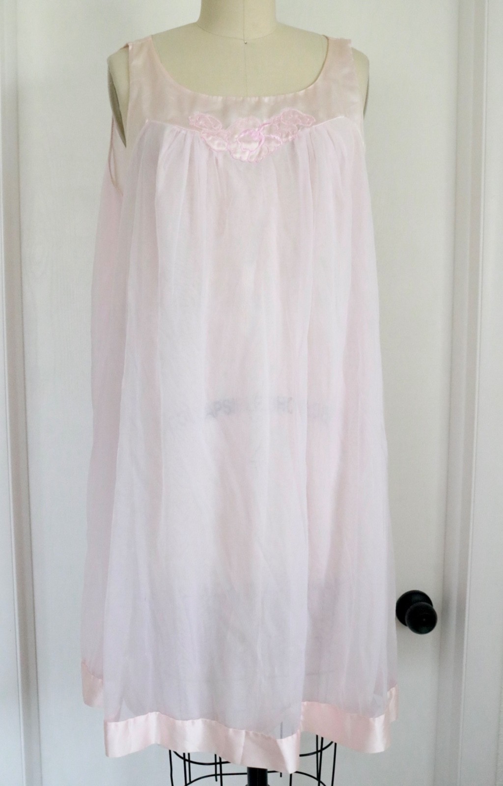 60s Vintage GOSSARD Pink SATIN Trim NIGHTGOWN Sheer CHIFFON Babydoll Dress ~ M