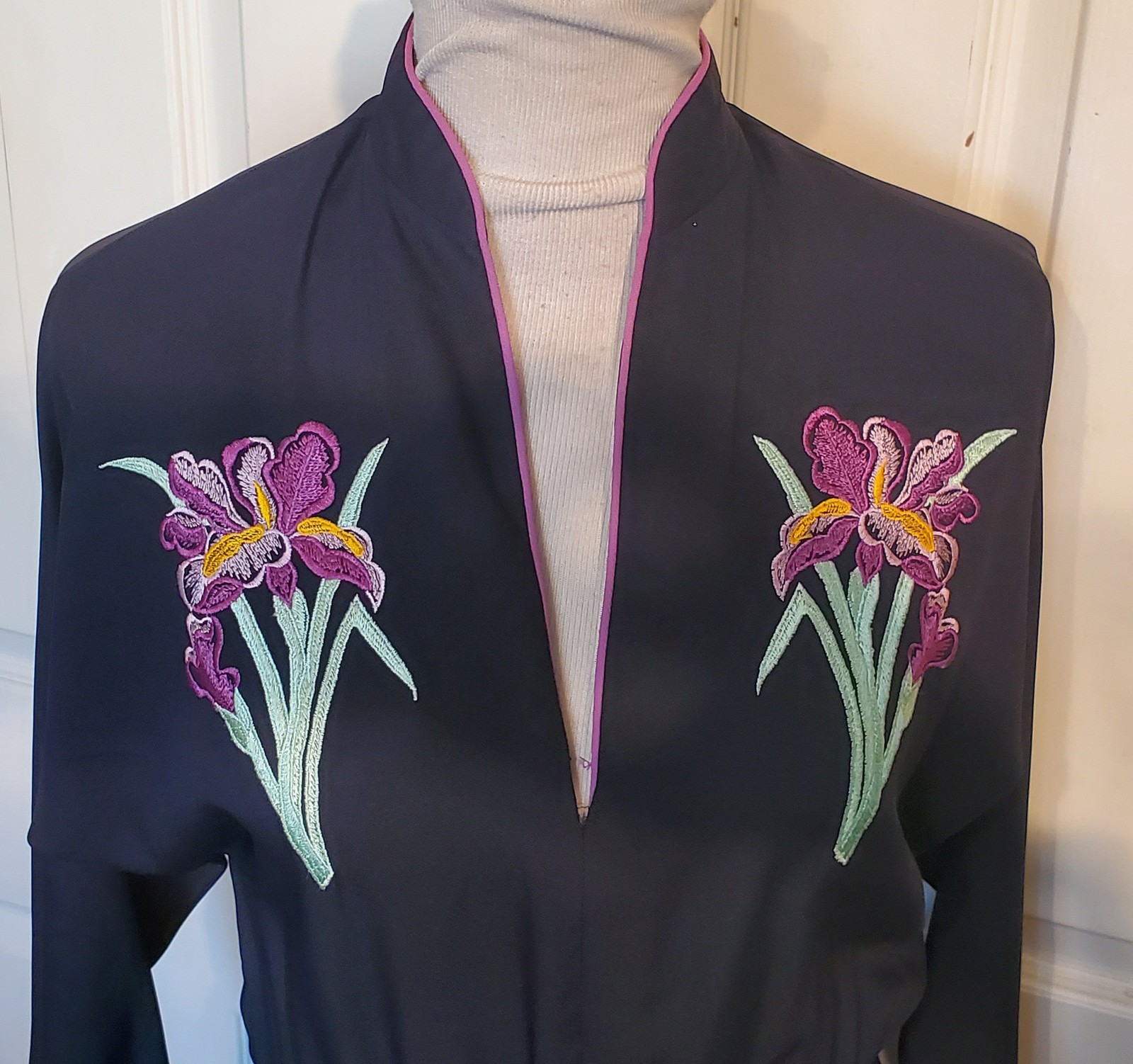 Vintage 70s Black Acetate Dress Miss Ashlee California Embroidered Iris B40