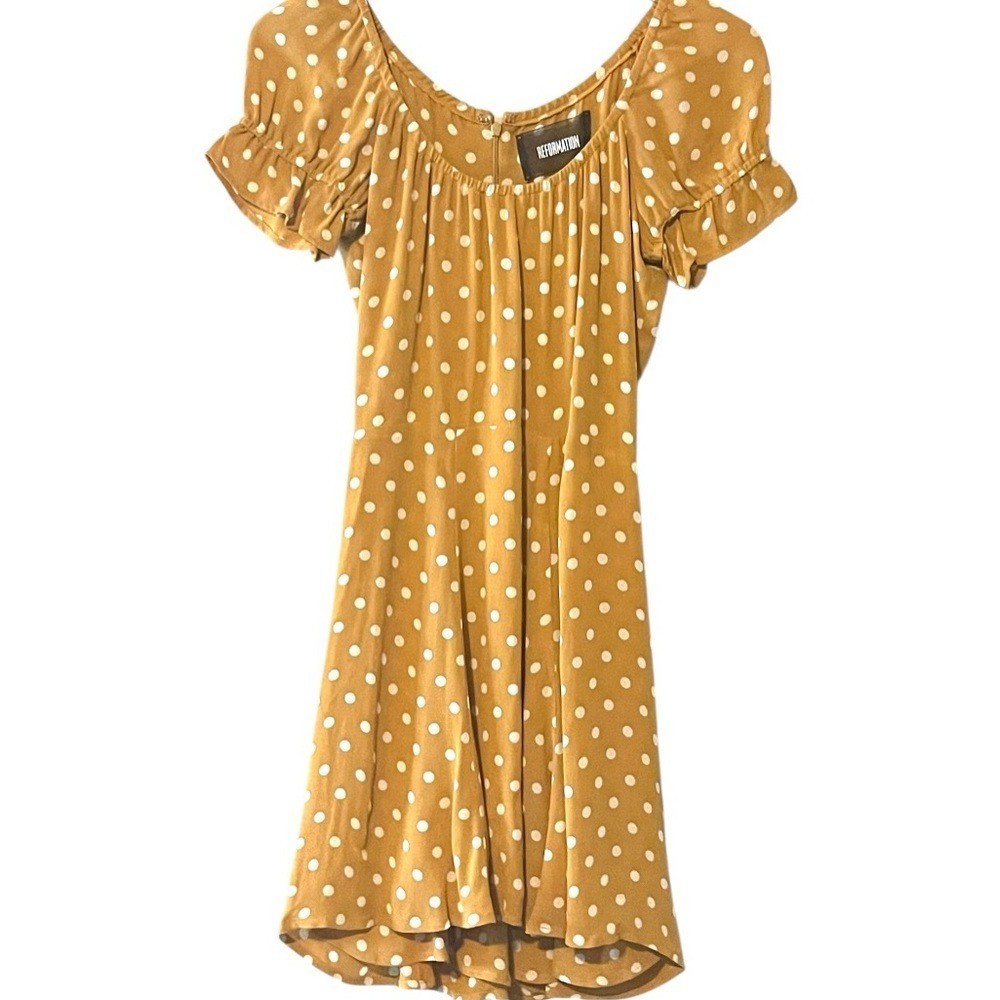 Reformation Polka Dot Mini Dress Mustard Yellow Puff Sleeve Smocked Waist size 0