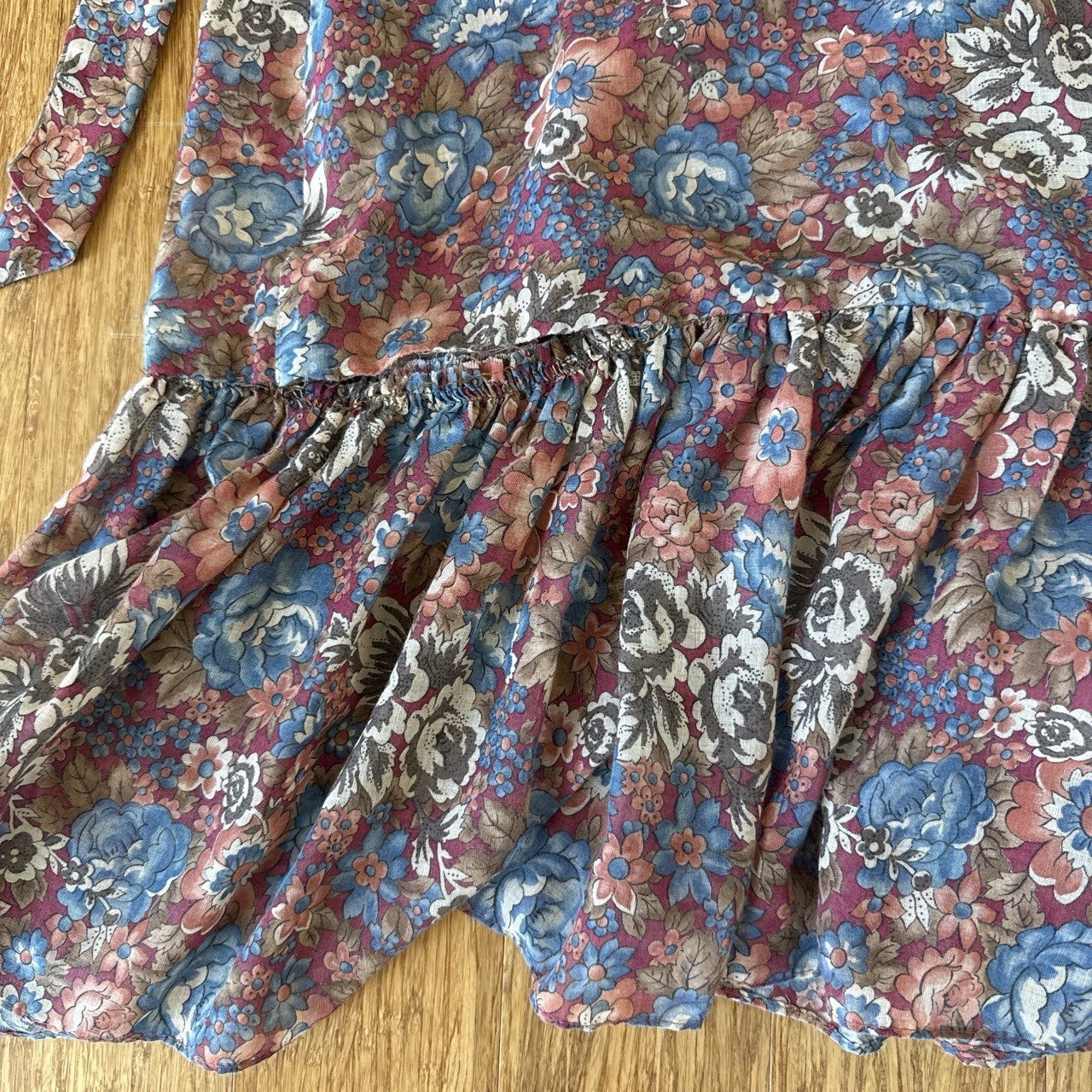 Vintage 1970S Cotton Voile Brown And Blue Floral Maxi Dress With Ruffle Hem