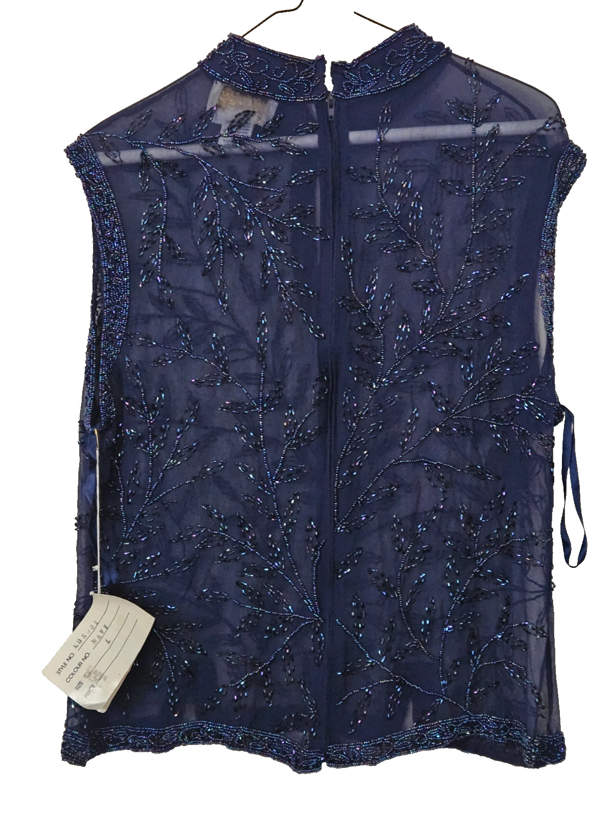 Jasjas Designs New York VTG Women’s Silk Beaded Sleevless Sequin Top NAVY Size L