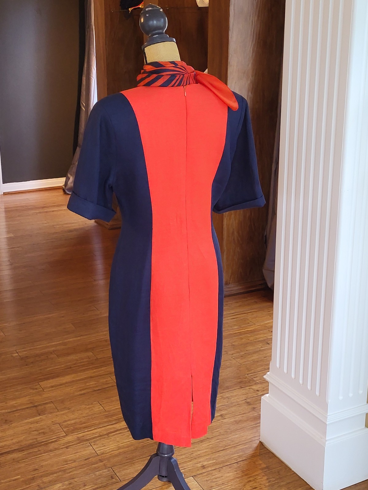 1980s Linen Colorblock Navy/Red Mid Length Dress Size 14