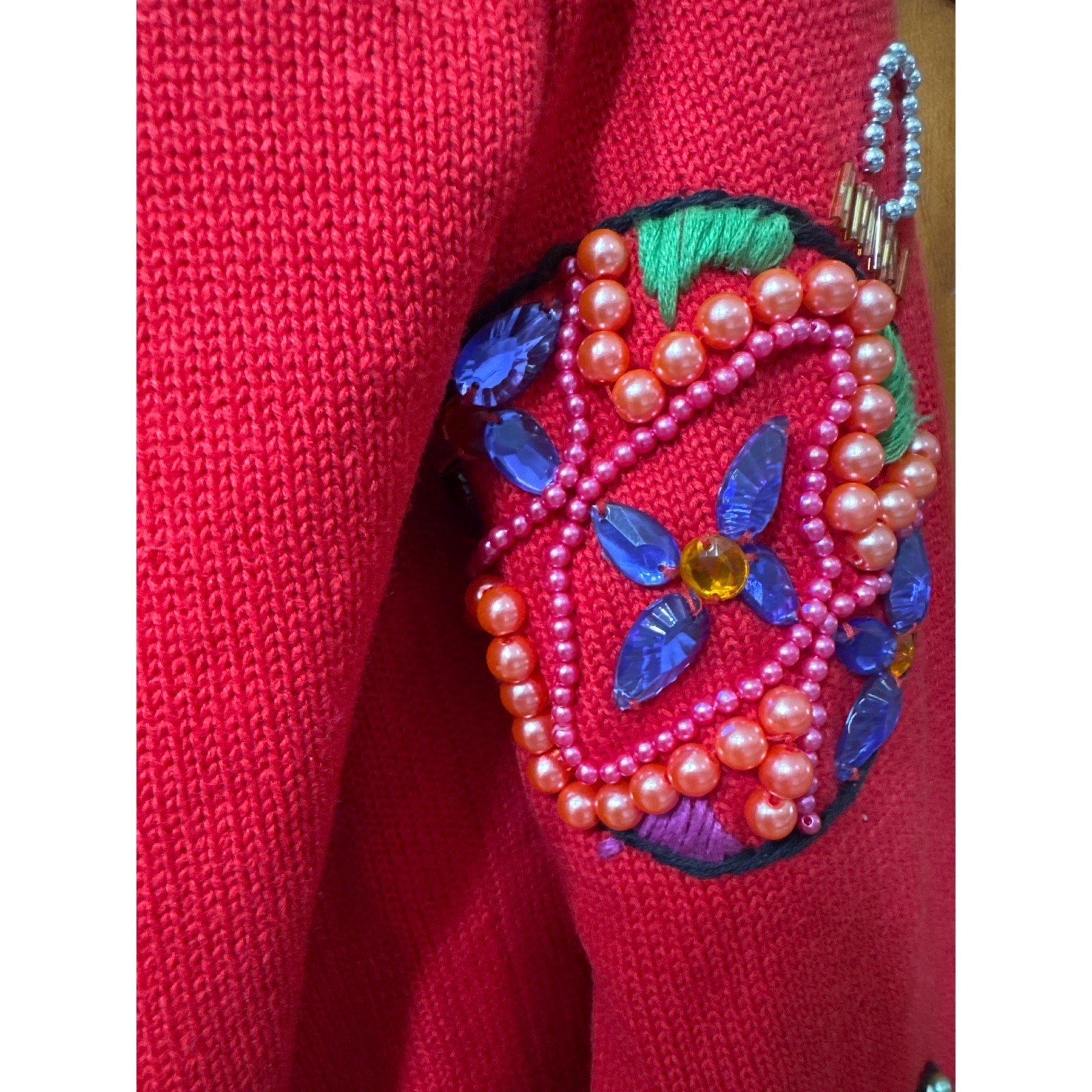 Michael Simon Vintage 1991 Beaded Christmas Ornament Cardigan Sweater Red Sz M/L
