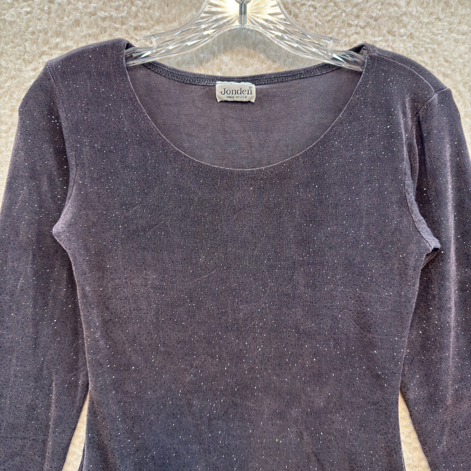 90s Vintage Top Medium Purple Grey Slinky Stretch Glitter Sparkle Long Sleeve
