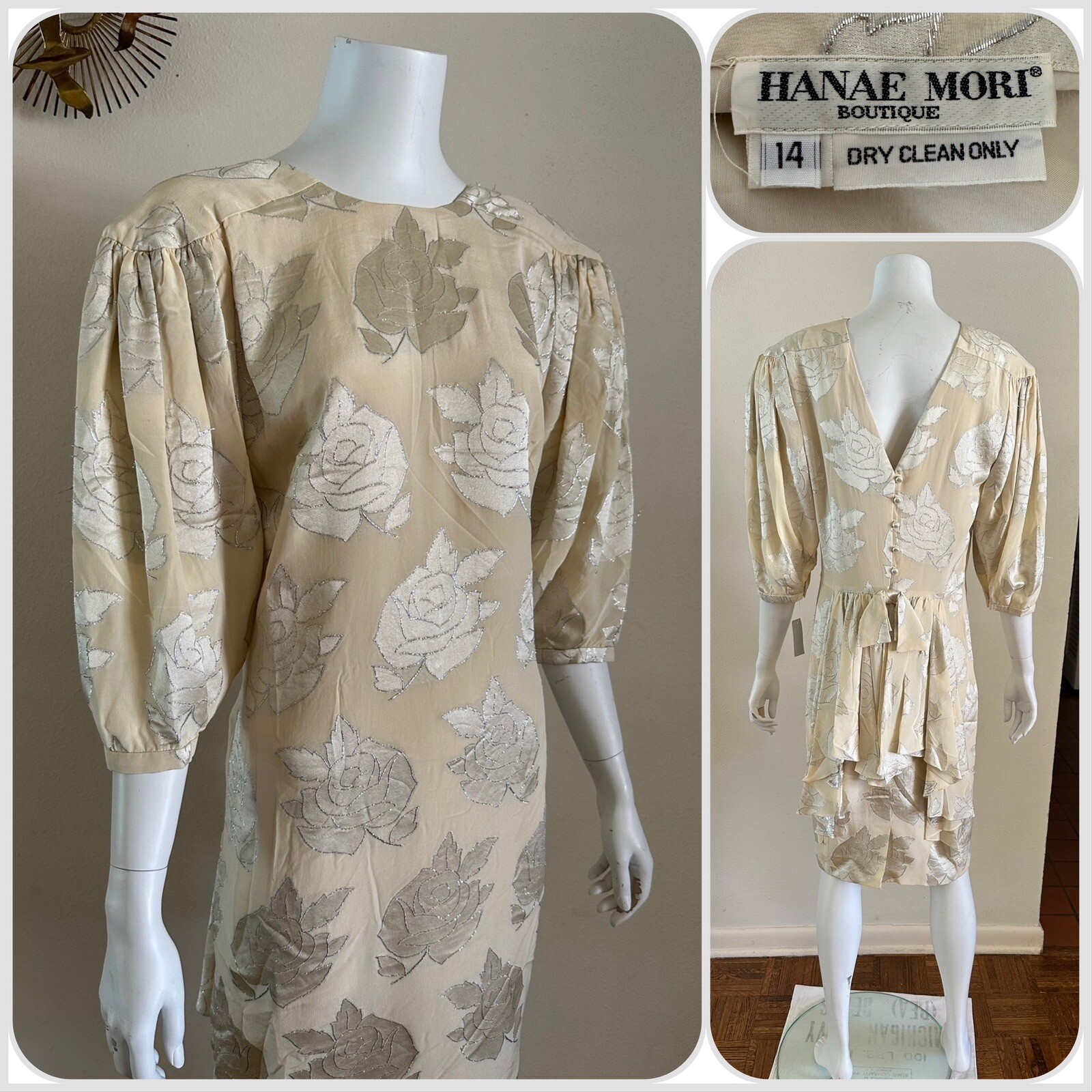 1980s Hanae Mori Silk Dress Metallic Rose Damask Bow Frost Bros VTG
