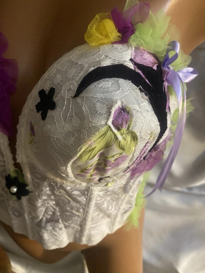 Vtg Dollcore CORSET BRA Festival BUSTIER Sissy Patchwork BOWS COACHELLA 38D