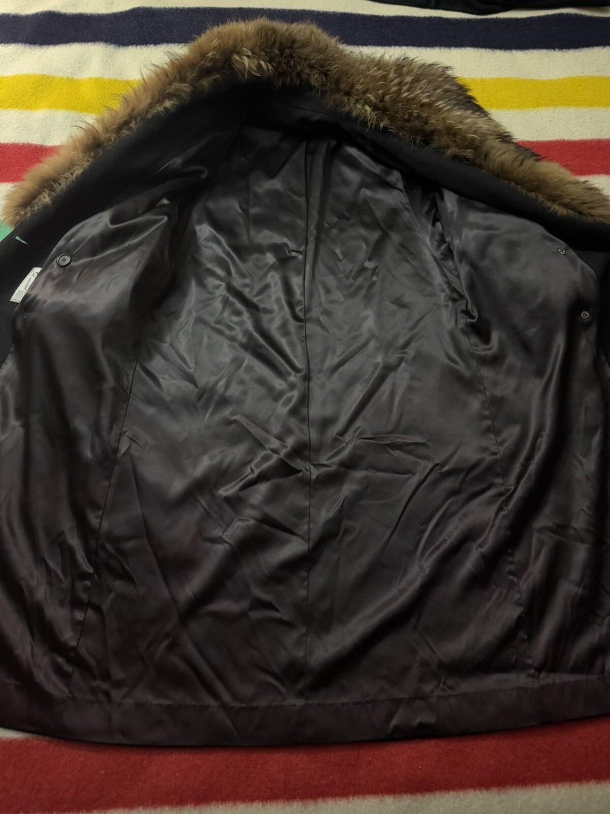 Vintage Gemini Black Full Length Wool Coat Jacket Finncoon Raccoon Fur Collar XL