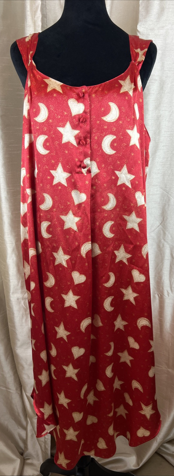Barbizon Red Satin Sleeveles Nightgown W/Button Details & Moons Stars Large