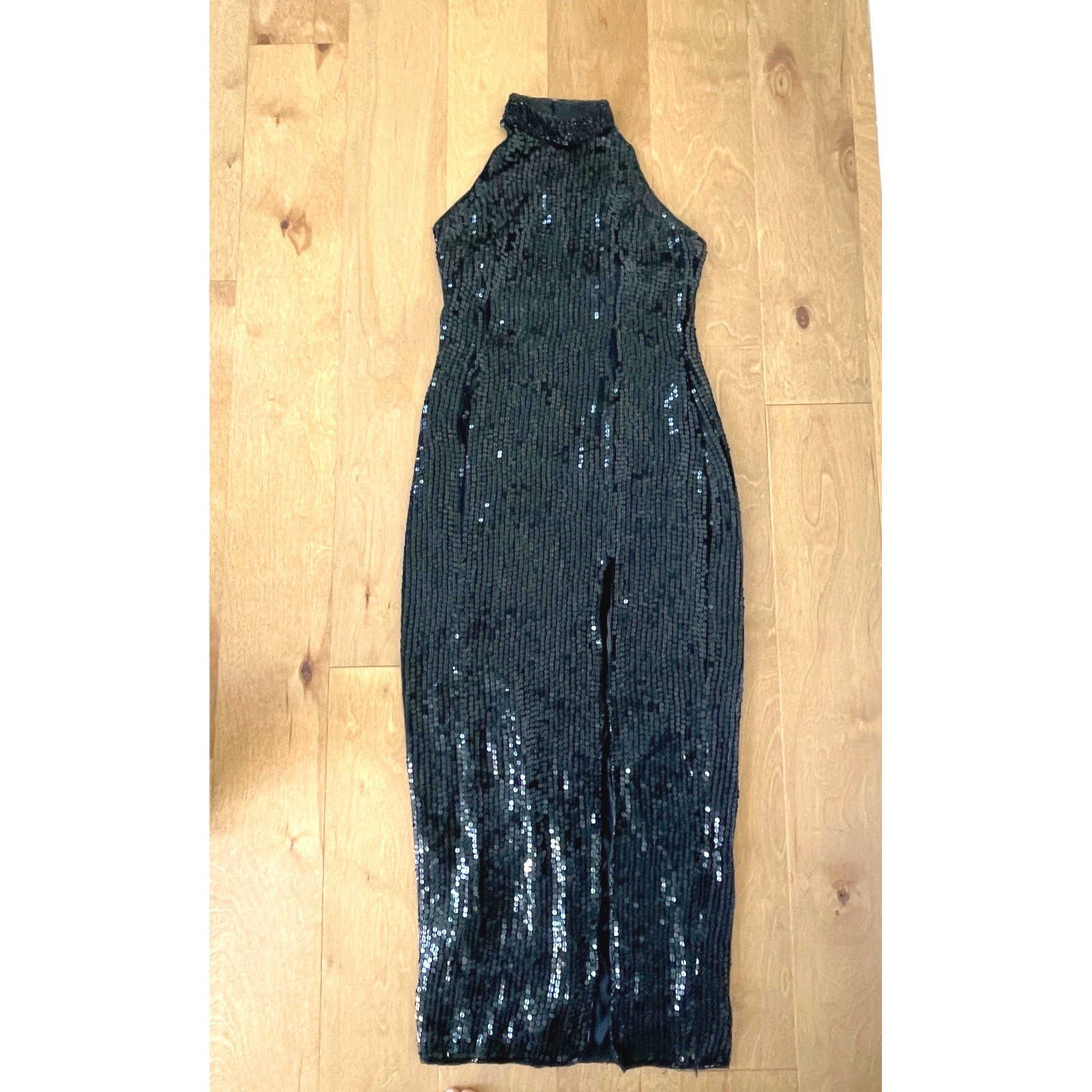 Stenay Vintage Black Silk Sequin Halter Dress Open Back Front Slit Size 12