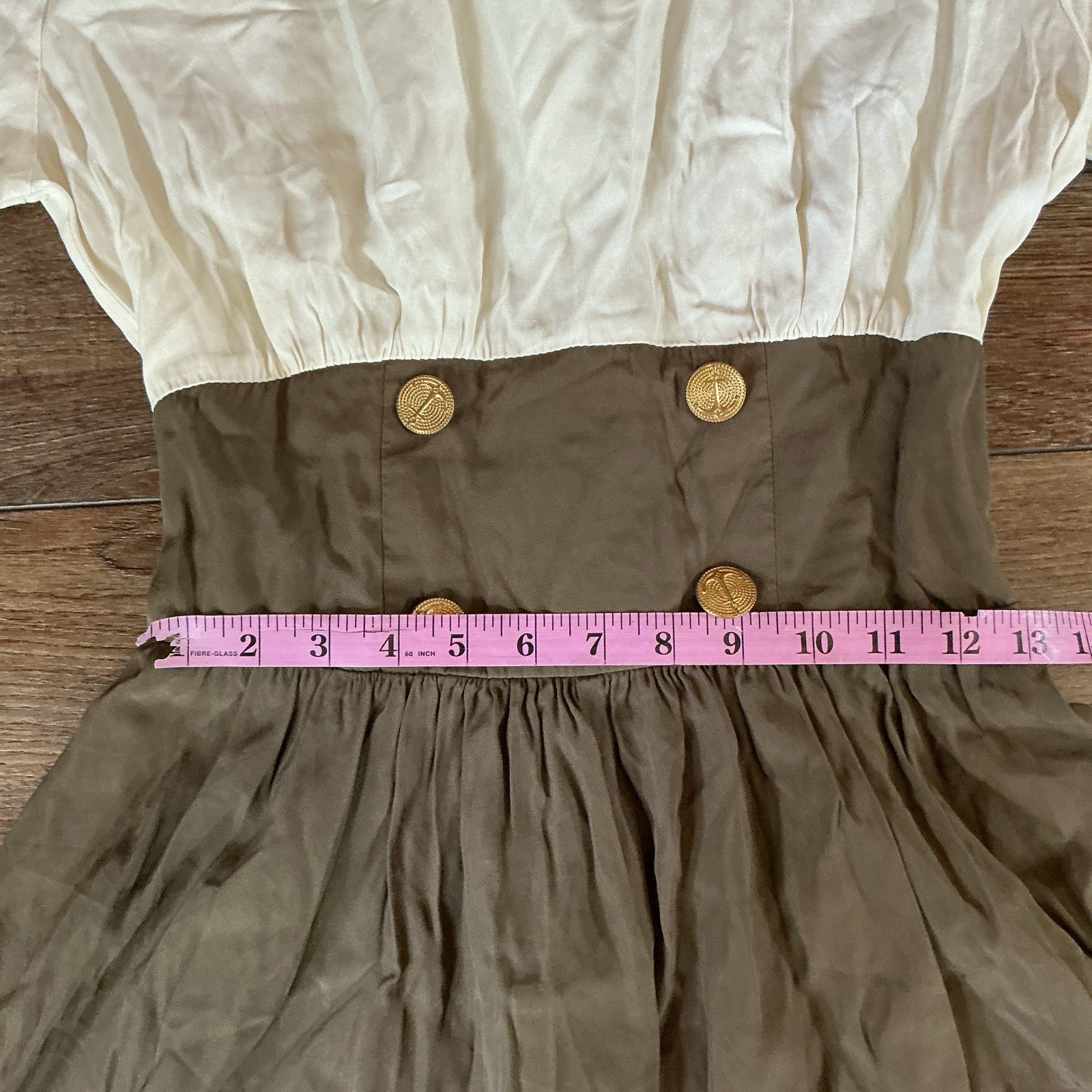 80s VTG Hearts Two Tone Maxi Dress Sz S/M White Brown Gold Buttons Smocked #17E7