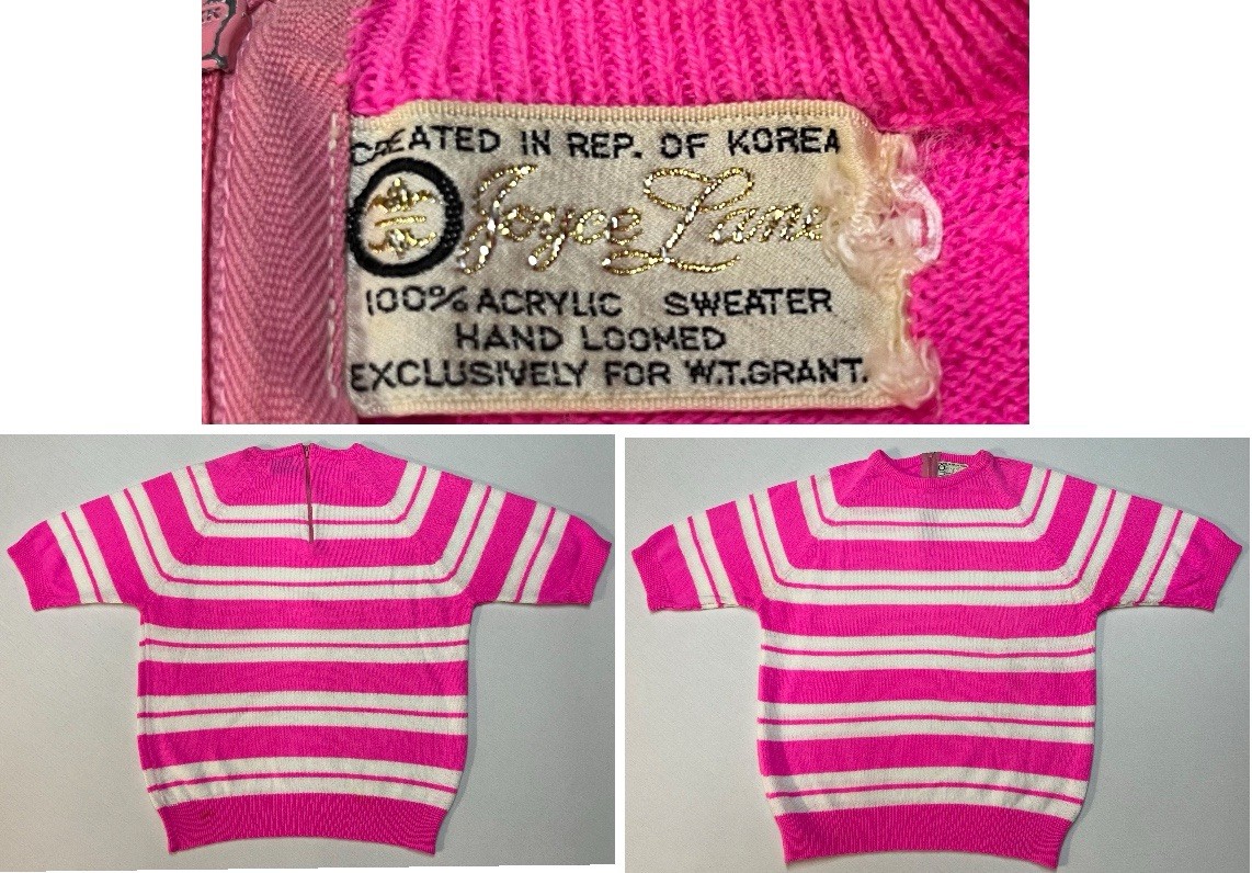 Vintage 70s Joyce Lane Acrylic Sweater Pink White S/S Back Zip Sz M W.T.Grant