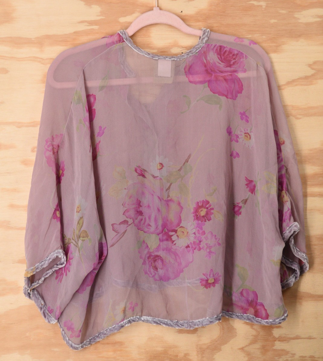 Vintage URU Kristine St Rrik Silk Floral Chiffon Velvet Trim RARE! Button Shirt