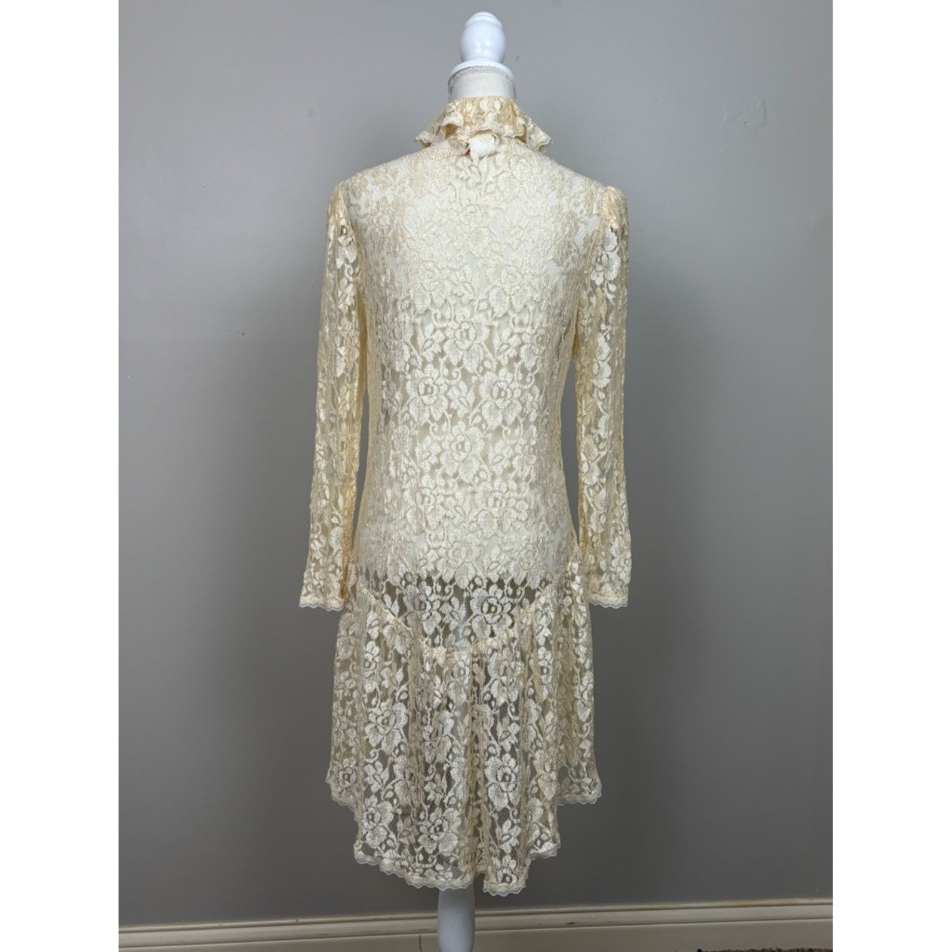 Vtg Jessica McClintock Top Women Lg Cream Lace Tunic Cardigan Victorian Coquette