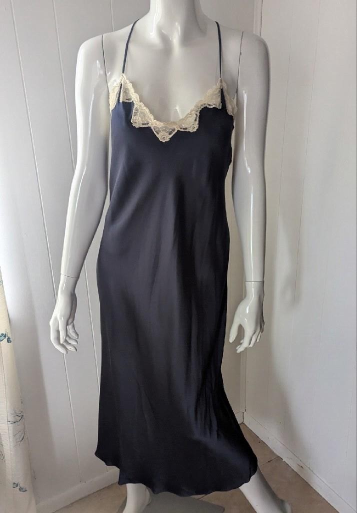 Donna Karan Intimates Black Silk Chemise With Lace Strappy Medium 1990s