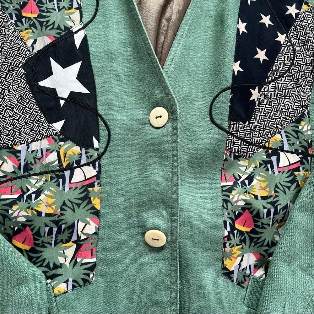 Vintage 90s Blazer Women M Green Patchwork Nautical Coastal Grandma Art Teacher