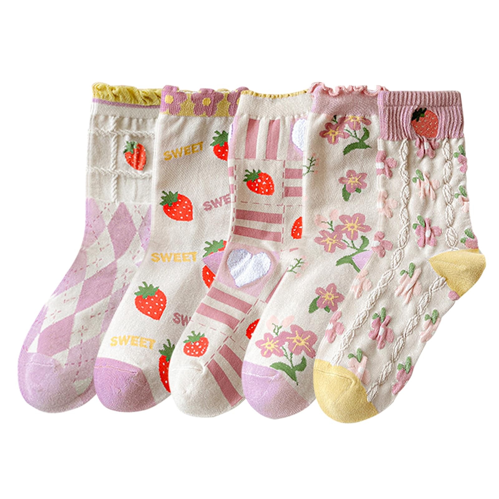 DXYAKY 5 Pairs Vintage Floral Crew Socks for Women, Soft Medium, Pink
