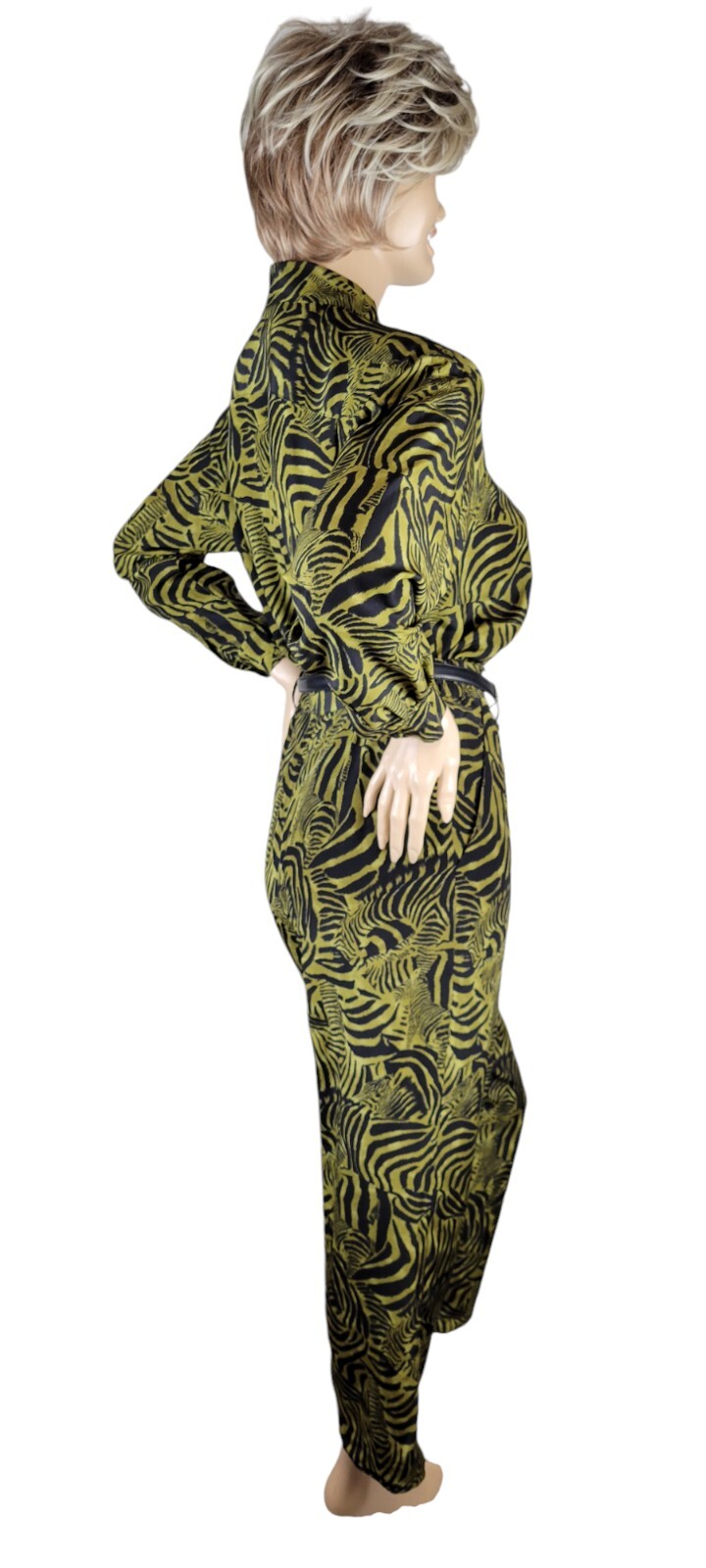 Vintage Ann May 100% Silk Zebra Green & Black Animal Blouse & Pant Suit Set 8