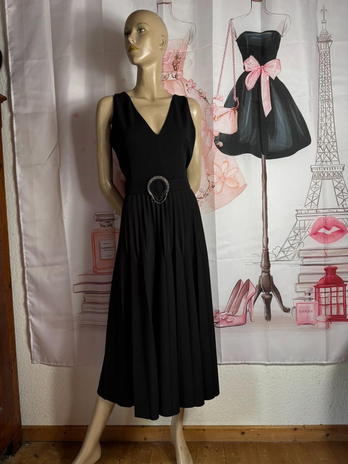 Vintage Evening Dress Black Jersey Pleated Old Hollywood Cocktail Dress Size 42/44