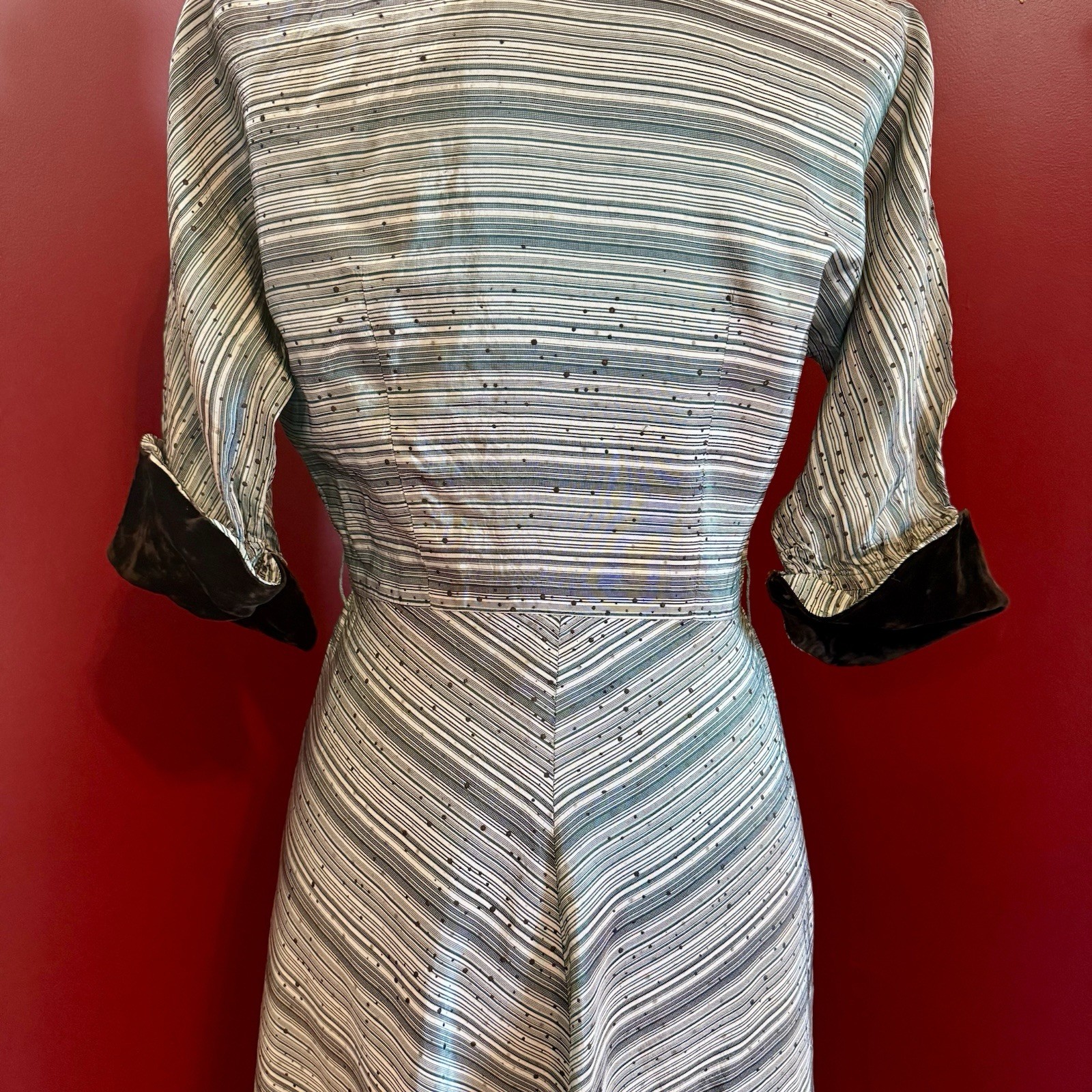 VTG 50s MCM Rayon Velvet Circle Skirt Shirt Dress Rhinestone Buttons Women S/M